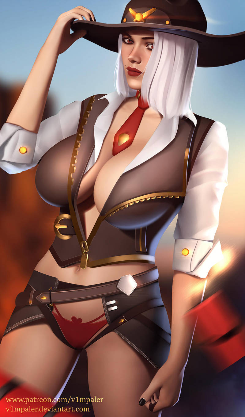 2d ashe_(overwatch) big_breasts blizzard_entertainment cleavage cowboy_hat cowgirl female female_only mole_above_mouth overwatch panties red_eyes solo v1mpaler white_hair