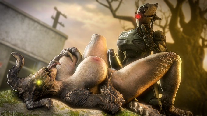 1futa, 1girls, 2019, 3d, assaultron, breasts, deathclaw, earless, eyebrowless, fallout, fallout 4, female, female deathclaw, futa on female, futanari, horns, intersex, large breasts, monster, monster girl, no artist, no source, penis, robot, sharp teeth