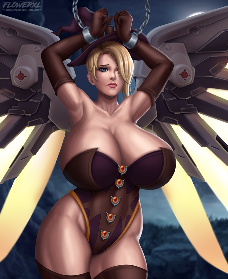 1girls, alternate breast size, alternate costume, armpits, arms above head, blonde hair, blue eyes, bondage, breasts, elbow gloves, female, female only, flowerxl, gloves, huge breasts, human, human only, looking at viewer, mercy, overwatch, shackled, shackles, solo, solo female, thick thighs, thighhighs, witch mercy