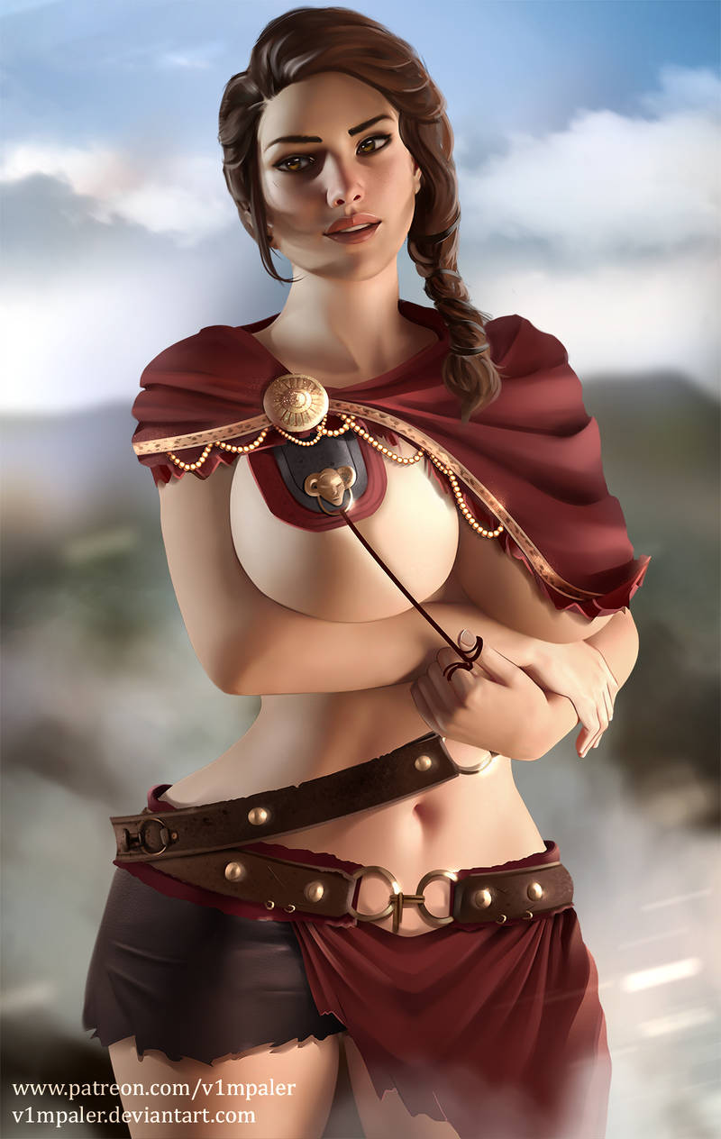 assassin's_creed_(series) assassin's_creed_odyssey belt braid brown_eyes brown_hair cowl curvy female female_only front_braid holding_breasts hourglass_figure huge_breasts kassandra navel parted_lips single_braid thin_waist ubisoft underboob url v1mpaler wide_hips