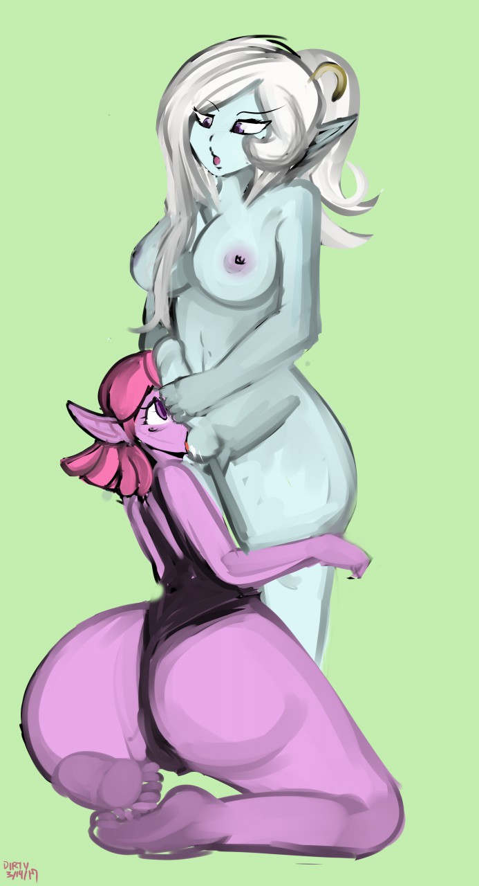 2girls, ass, balls, belly, breasts, chronoa, clothed, clothing, demon, demoness, dickgirl, dirtyscoundrel, dragon ball, dragon ball heroes, dragon ball xenoverse, erect nipples, erection, feet, female, futa on female, futanari, goddess, intersex, interspecies, long hair, masturbation, nipples, nude, open mouth, oral, penis, pink hair, pink skin, pointy ears, short hair, testicles, text, towa, watermark, white hair, wide hips