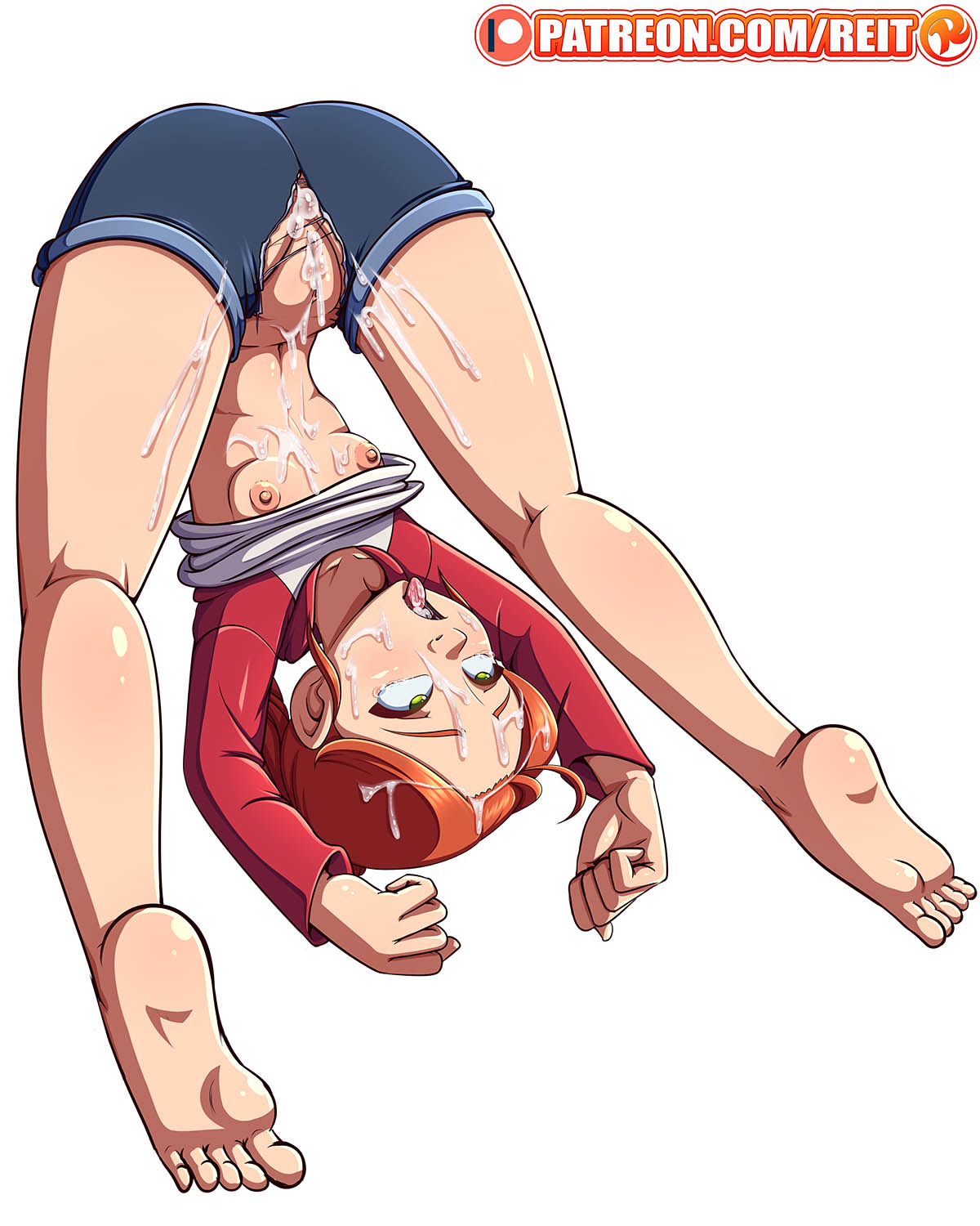 1girls ahe_gao cum cum_in_ass cum_in_mouth cum_in_pussy cum_inside cum_on_body cum_on_breasts cum_on_face emma female green_eyes open_mouth orange_hair patreon reit seed_comic shorts torn_clothes upside-down