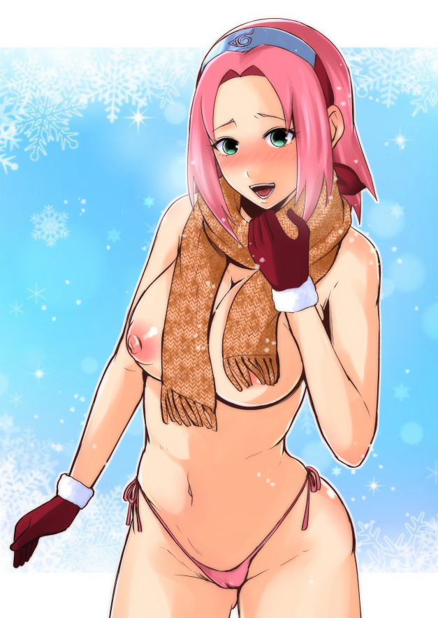 1girls, artist request, blush, breasts, busty, cameltoe, female, female only, gloves, green eyes, headband, naruto, naruto (series), naruto shippuden, nipples, open mouth, panties, pink hair, pink panties, pussy, sakura haruno, scarf, solo, solo focus, winter clothes