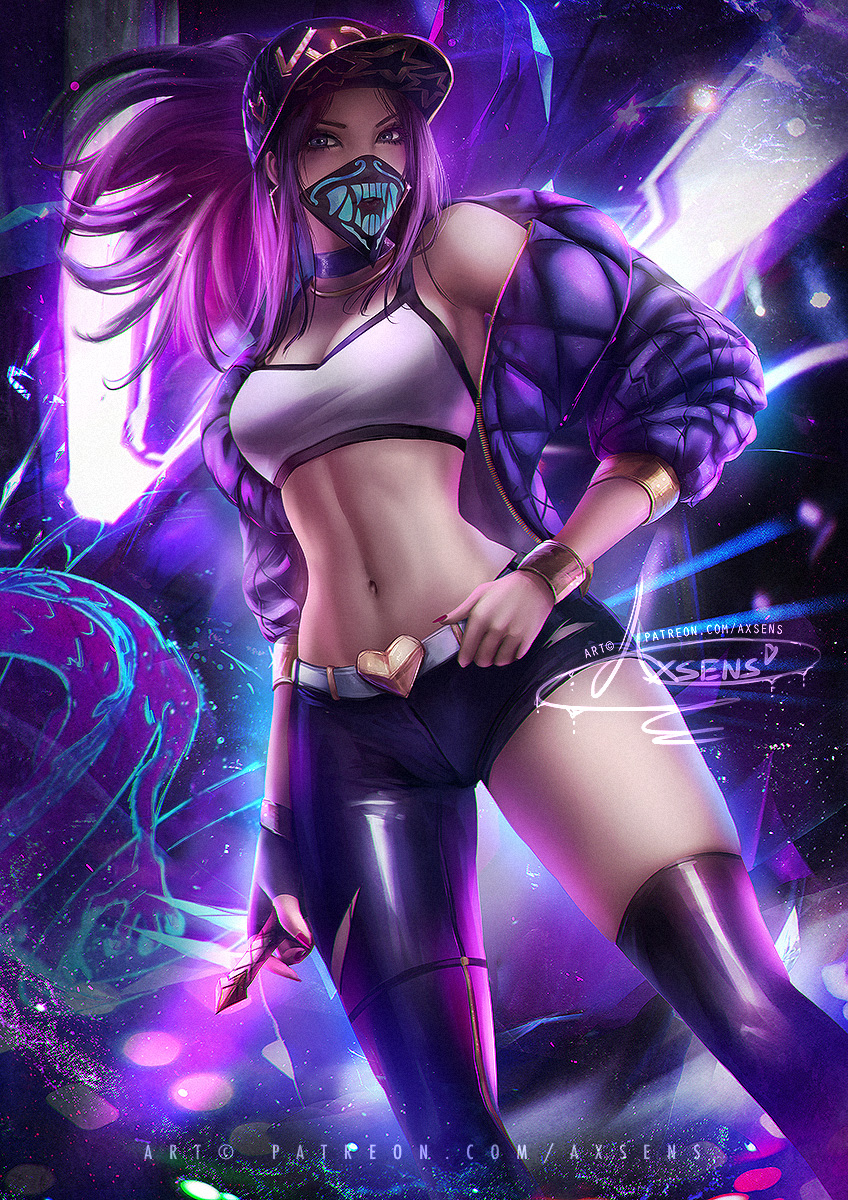 1girls, akali, alternate costume, axsens, female, hourglass figure, k/da akali, k/da series, league of legends, legs, slender legs, slender waist, solo, standing, thighs, wide hips