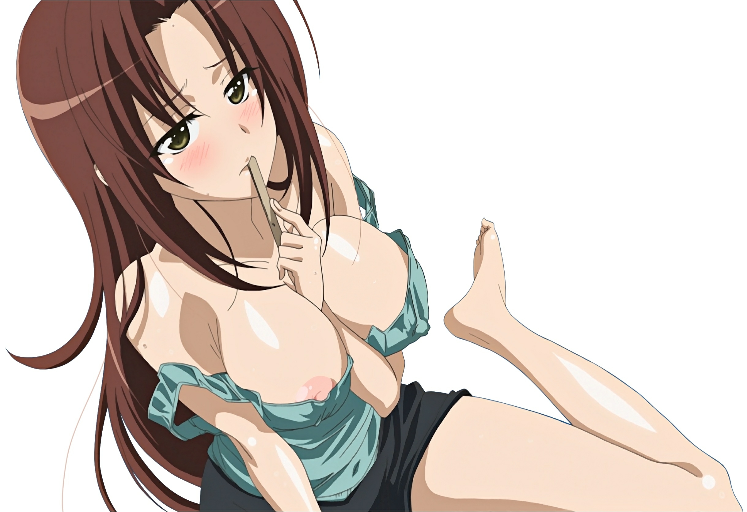 1girls, areolae, brown hair, female, female only, human, ice cream, nipples, solo, white background, yahiro ifukube, yosuga no sora