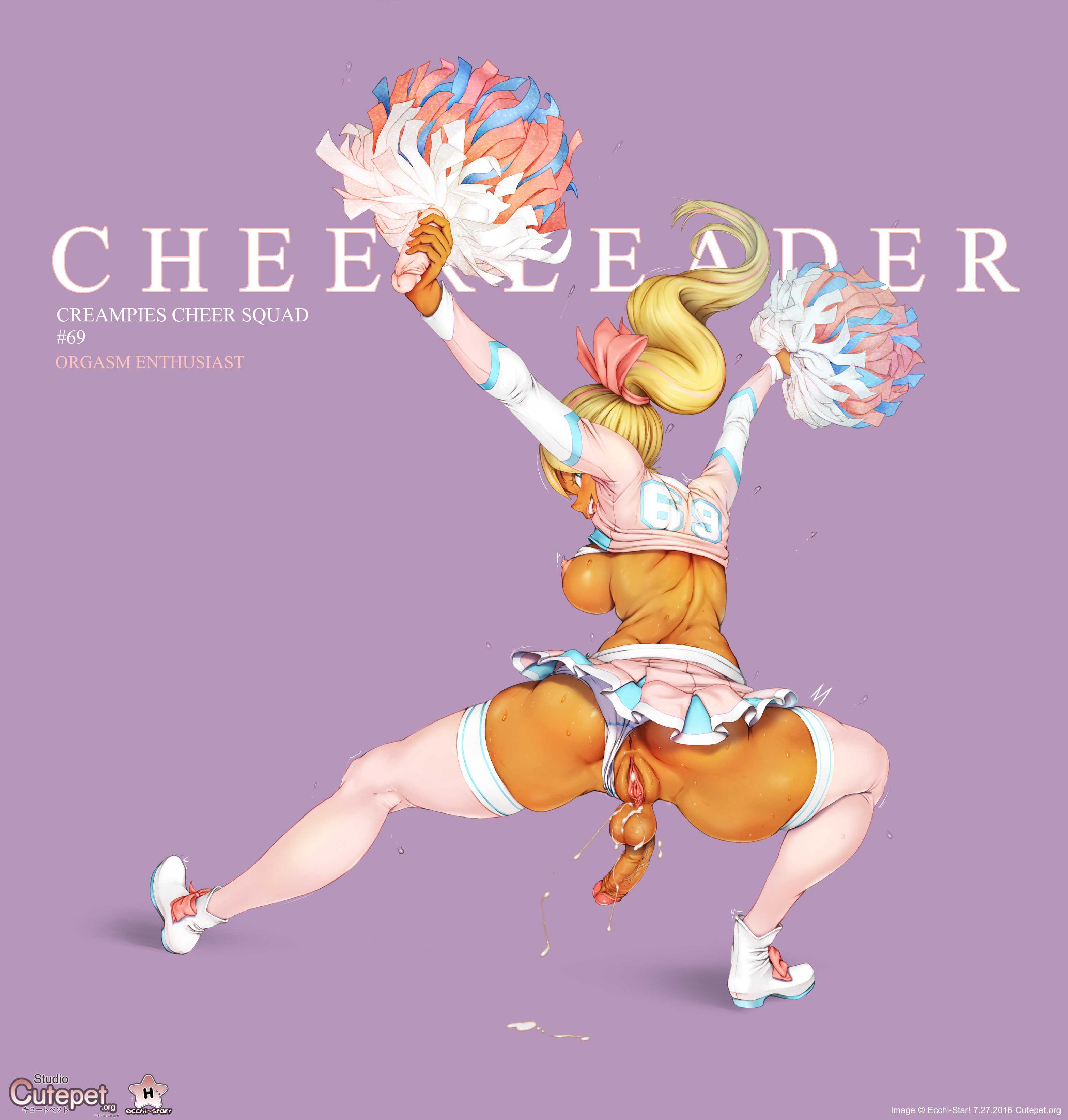 1futa, anus, ass, balls, blonde hair, breasts, cheerleader, cutepet, dark skin, dark-skinned futa, dickgirl, erection, full-package futa, futa only, futanari, highres, intersex, large penis, panties, panties aside, penis, pussy, sideboob, solo, testicles
