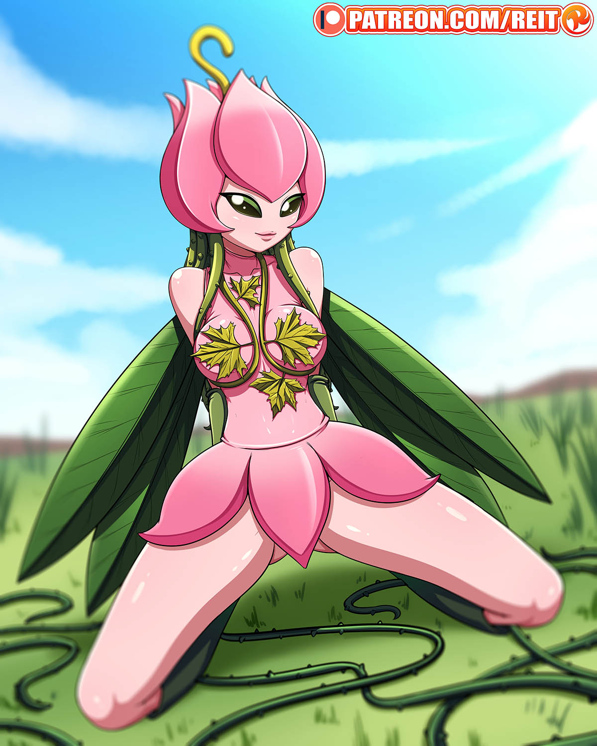 4_wings background digimon digimon_(species) fairy fairy_wings female leaf leaf_wings leaves lillymon patreon plant plant_girl reit skirt tentacle vine_hair vines wings