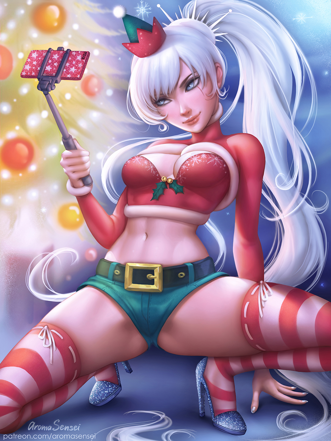 aroma sensei, blue eyes, christmas, christmas outfit, cleavage, female, high heels, long hair, rwby, selfie stick, shorts, skindentation, solo, squatting, striped legwear, thighhighs, weiss schnee, white hair