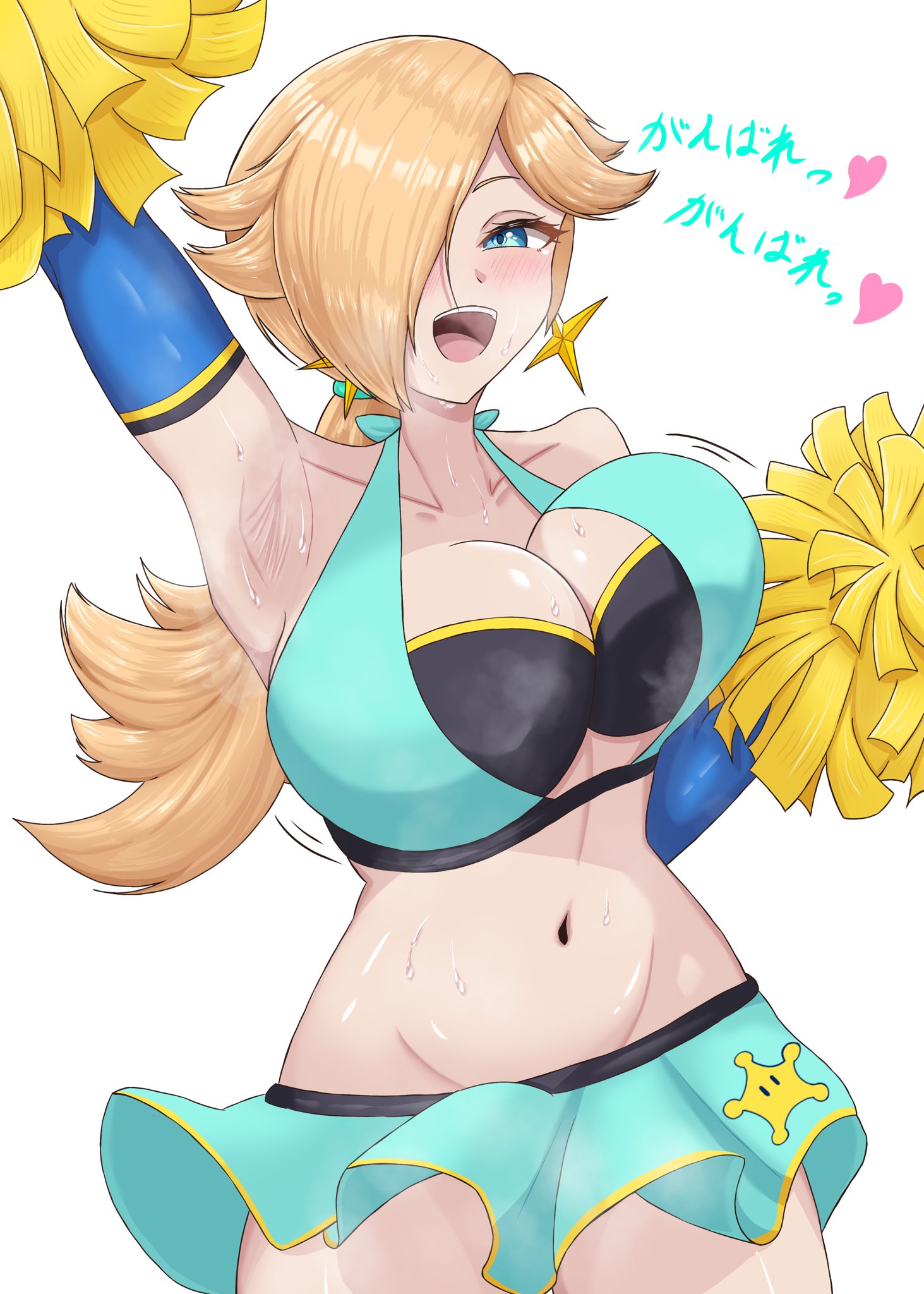 1girls, armpits, big breasts, blonde hair, blue eyes, blush, breasts, cheerleader, cleavage, earrings, enuzemu mldre, female, female only, groin, hair over one eye, heart, jewelry, large breasts, long hair, looking at viewer, mario (series), midriff, navel, nintendo, open mouth, pom poms, ponytail, princess rosalina, shiny, skirt, smile, solo, sparkle, sweat