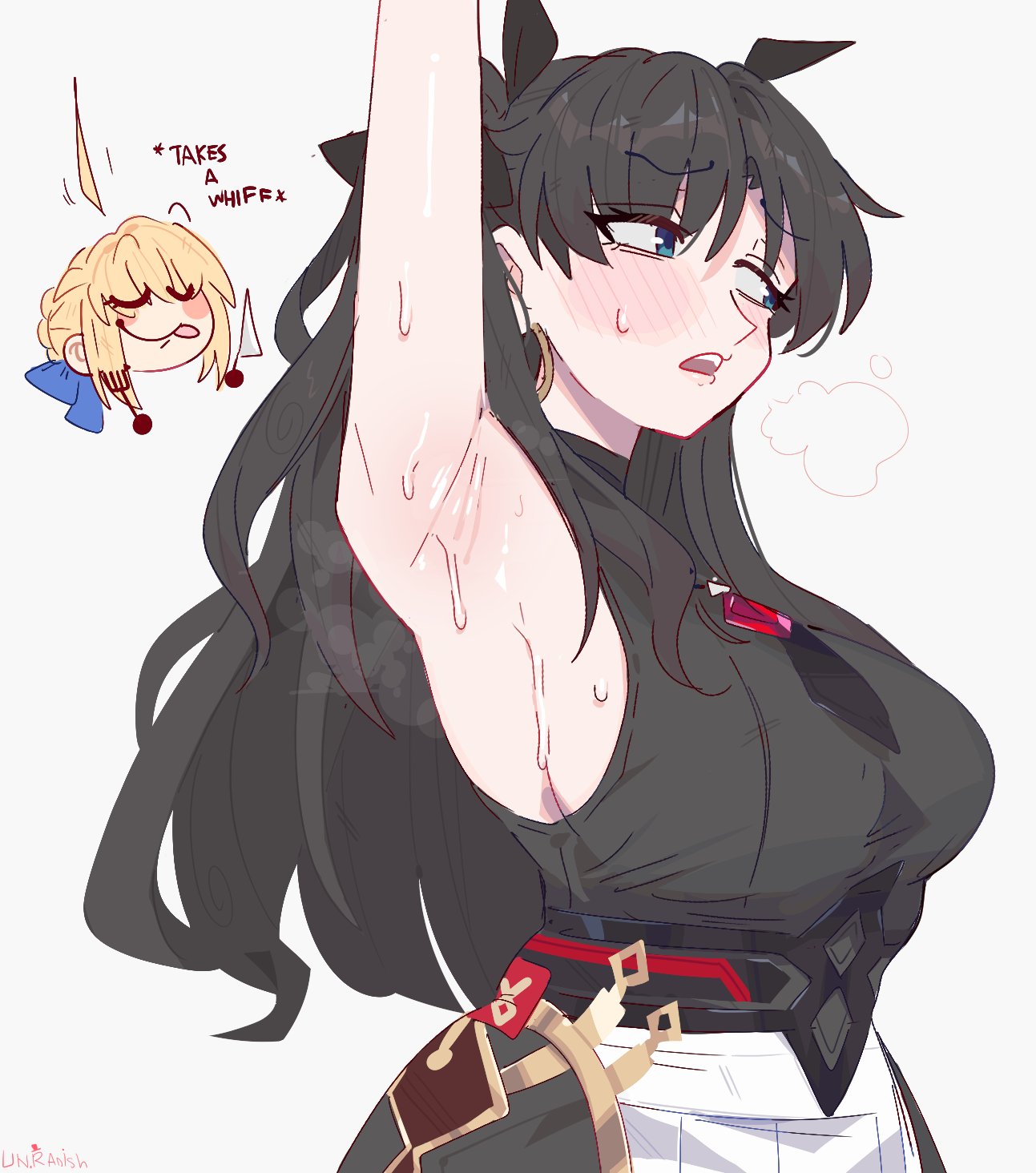 2girls, ahoge, armpits, arms up, artoria pendragon (fate), big breasts, black hair, blonde hair, blue eyes, blush, blushing, breasts, crop top, earrings, embarrassed, fate (series), fate/stay night, female, female focus, female only, hair ribbon, heavy breathing, highres, honkai (series), honkai: star rail, huge breasts, imminent sex, knife, large breasts, licking lips, long hair, looking away, mouth open, multiple girls, pervert female, presenting own armpit, ribbon, saber (fate), saber (honkai: star rail) (fate), shirt, short hair, sideboob, skirt, sleeveless, sleeveless shirt, sweat, sweating, tohsaka rin, tohsaka rin (honkai: star rail), tongue, tongue out, twintails, two side up, unfamousradish, wet, you gonna get eaten, yuri