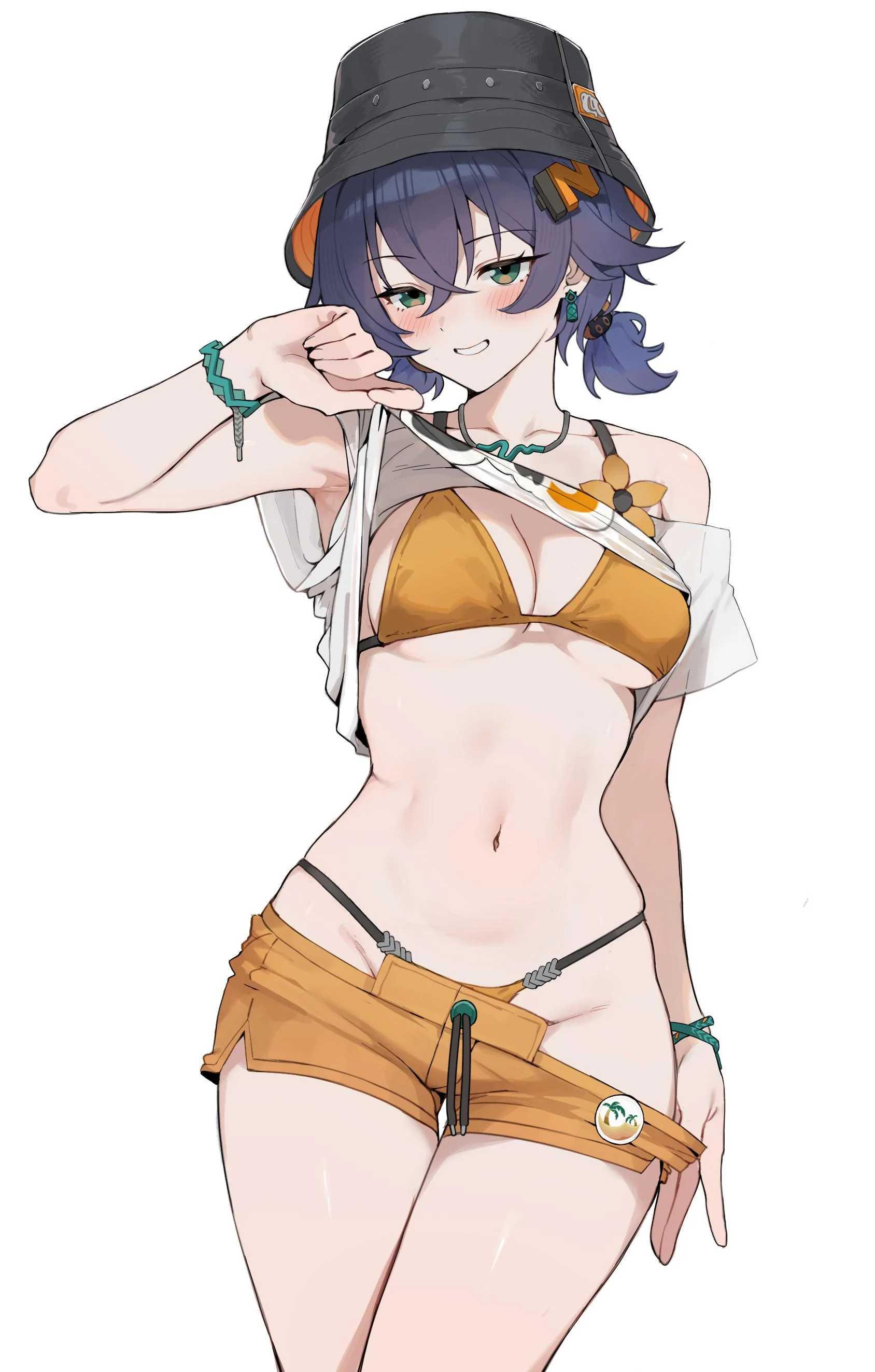 1girls, belle (summer skies) (zenless zone zero), belle (zenless zone zero), blue hair, breasts, bucket hat, cute, ecchi, female, female focus, female only, green eyes, highres, macca neko, medium breasts, navy blue hair, official alternate costume, seductive, seductive look, seductive smile, short hair, short twintails, shoulders, showing off, simple background, skinny, skinny female, stripping, taking clothes off, teasing, twintails, white background, zenless zone zero