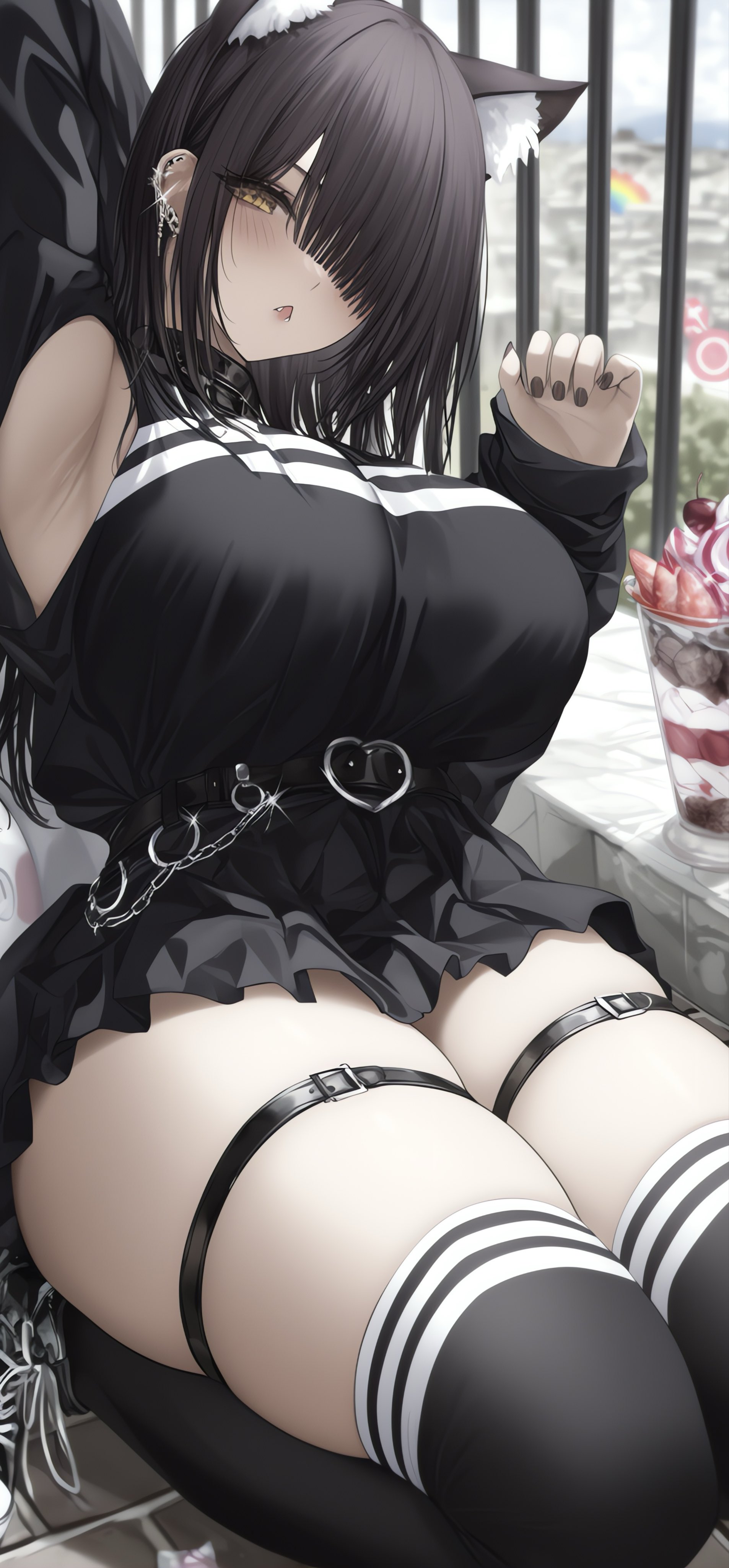 1girls, 2026, ai generated, animal ears, arm behind back, armpits, big thighs, black hair, black nails, breasts, cat ears, clothed, clothing, collar, earrings, feline, female, female only, full body, fully clothed, hair, hair between eyes, hi res, huge thighs, kurehajin, legs, legwear, light skin, light-skinned female, oc, original, original character, realistic, realistic textures, sitting, skirt, solo, thick thighs, thighs, yellow eyes