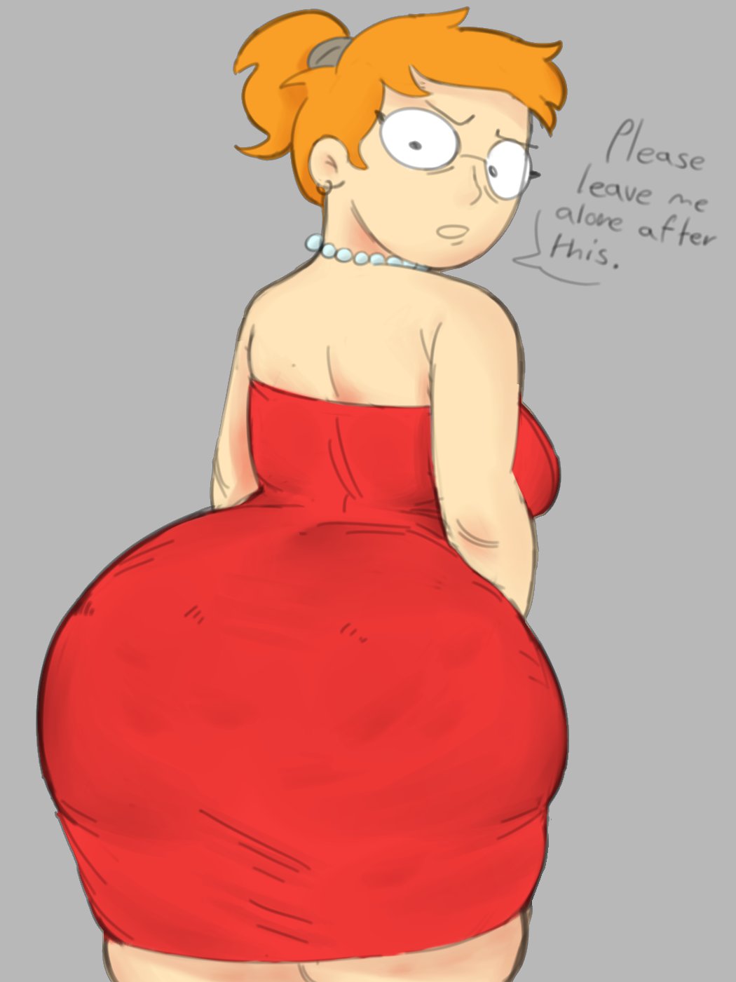 1girls, ass, ass too big, back view, barely contained, barely contained ass, barely fits, big ass, big breasts, big thighs, blush, breasts, cellulite, clothed, clothing, dialogue, dress, dubcon, female, freckles, fully clothed, gigantic ass, gigantic thighs, girlfriend, glasses, huge ass, huge breasts, huge thighs, imminent wardrobe malfunction, looking back, orange hair, ponytail, red dress, smiling friends, spinarooz, text, thick thighs, thighs, tight dress, tight fit, too tight, undersized clothes, undersized clothing, zoey (smiling friends)