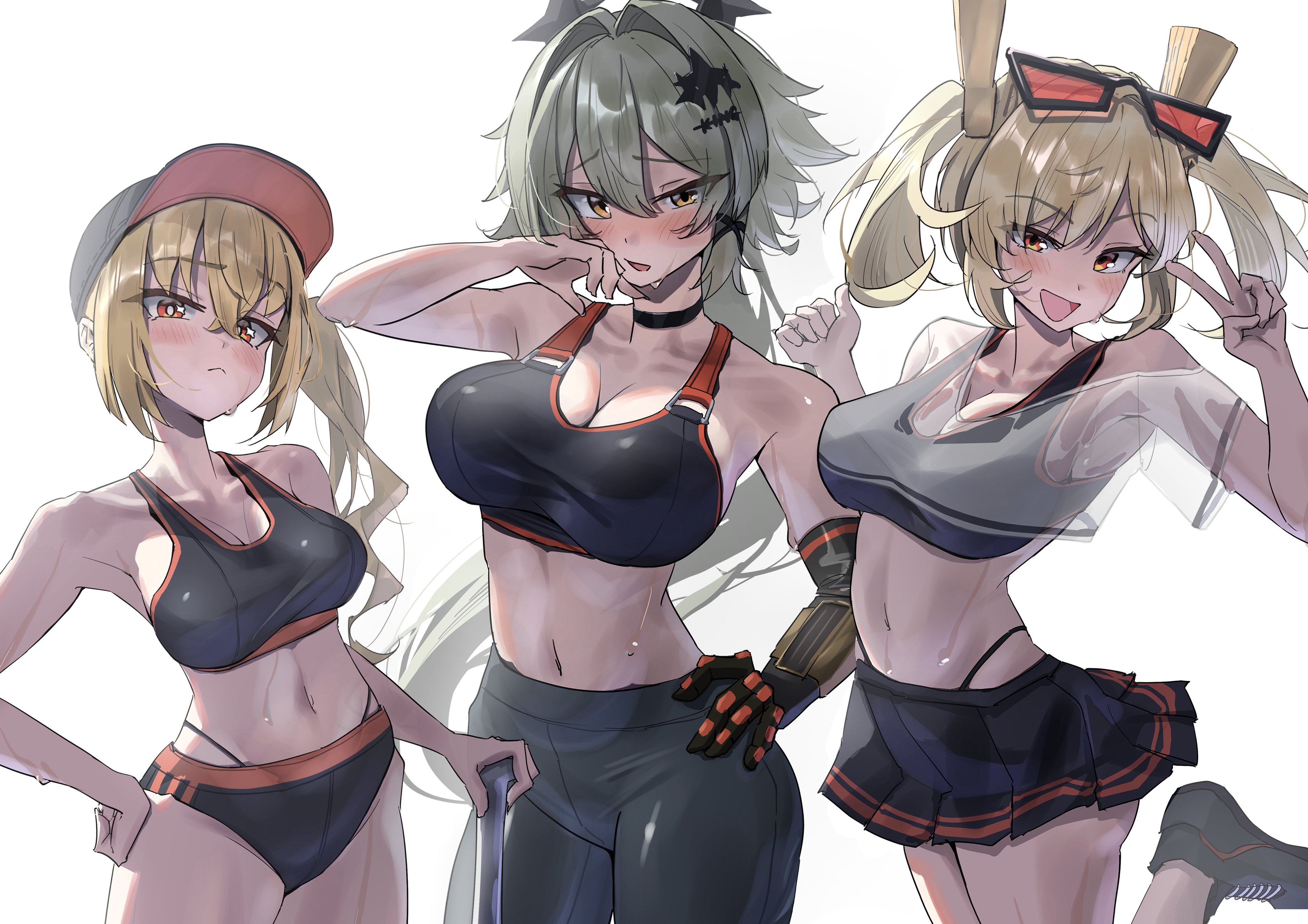 3girls, absurdres, alternate costume, black bra, black buruma, black choker, black pants, black skirt, blonde hair, blush, bra, breasts, burnice white, buruma, caesar king, choker, cleavage, commentary request, eyewear on head, female, female only, green hair, gym clothes, hair between eyes, hair ornament, hat, highres, holding, large breasts, long hair, looking at viewer, luciana de montefio, multiple females, multiple girls, navel, orange eyes, panties, panties under buruma, pants, prosthesis, prosthetic arm, see-through clothes, see-through shirt, shirt, side ponytail, simple background, skirt, sports bra, standing, standing on one leg, stomach, sweat, tora (kumo sakamoto), twintails, underwear, v, white background, x hair ornament, zenless zone zero