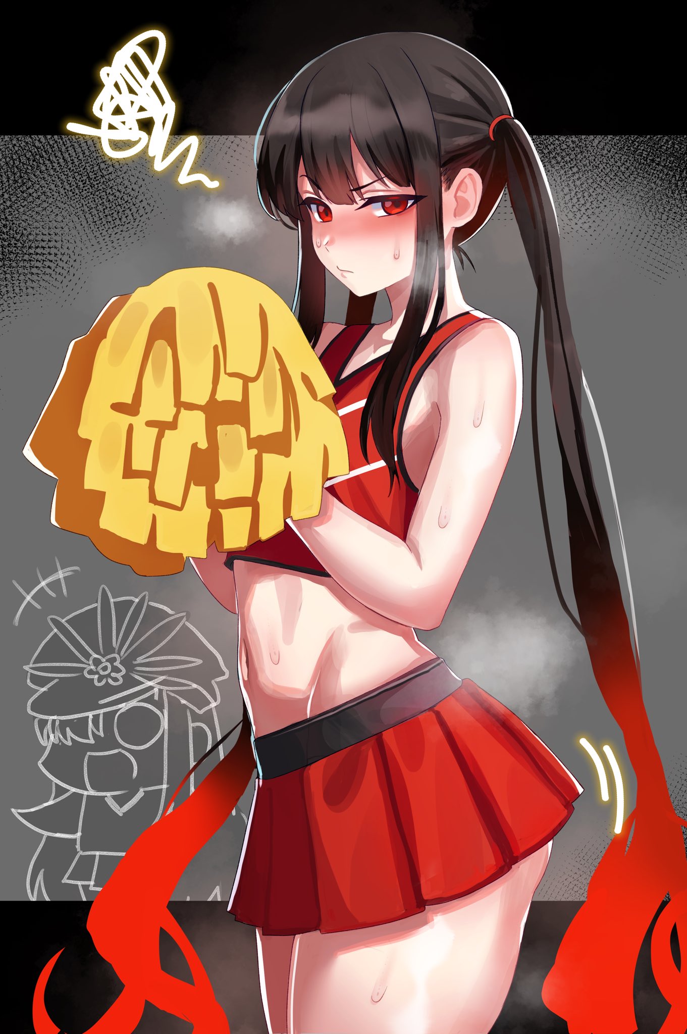 1boy, 1other, ambiguous gender, bare shoulders, black hair, cheerleader, cheerleader uniform, crossdressing, fate (series), fate/grand order, femboy, girly, holding object, human, long hair, male, multicolored hair, oda nobukatsu (fate), oda nobukatsu (fate/grand order), pom poms, red eyes, red hair, skirt, sweat, thighhighs, tied hair, trap, twintails, very long hair, zanegoodell