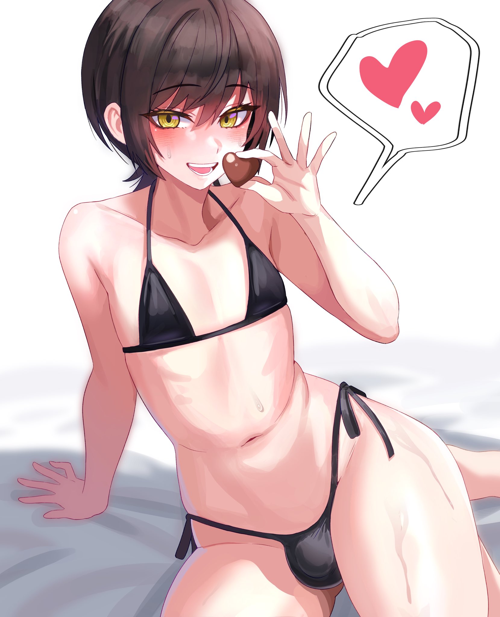 1boy, bare shoulders, bikini, black hair, bulge, chocolate, crossdressing, femboy, flat chest, flat chested, holding food, looking at viewer, male, open mouth, original character, sitting, solo, sweat, swimsuit, valentine's day, yellow eyes, zanegoodell