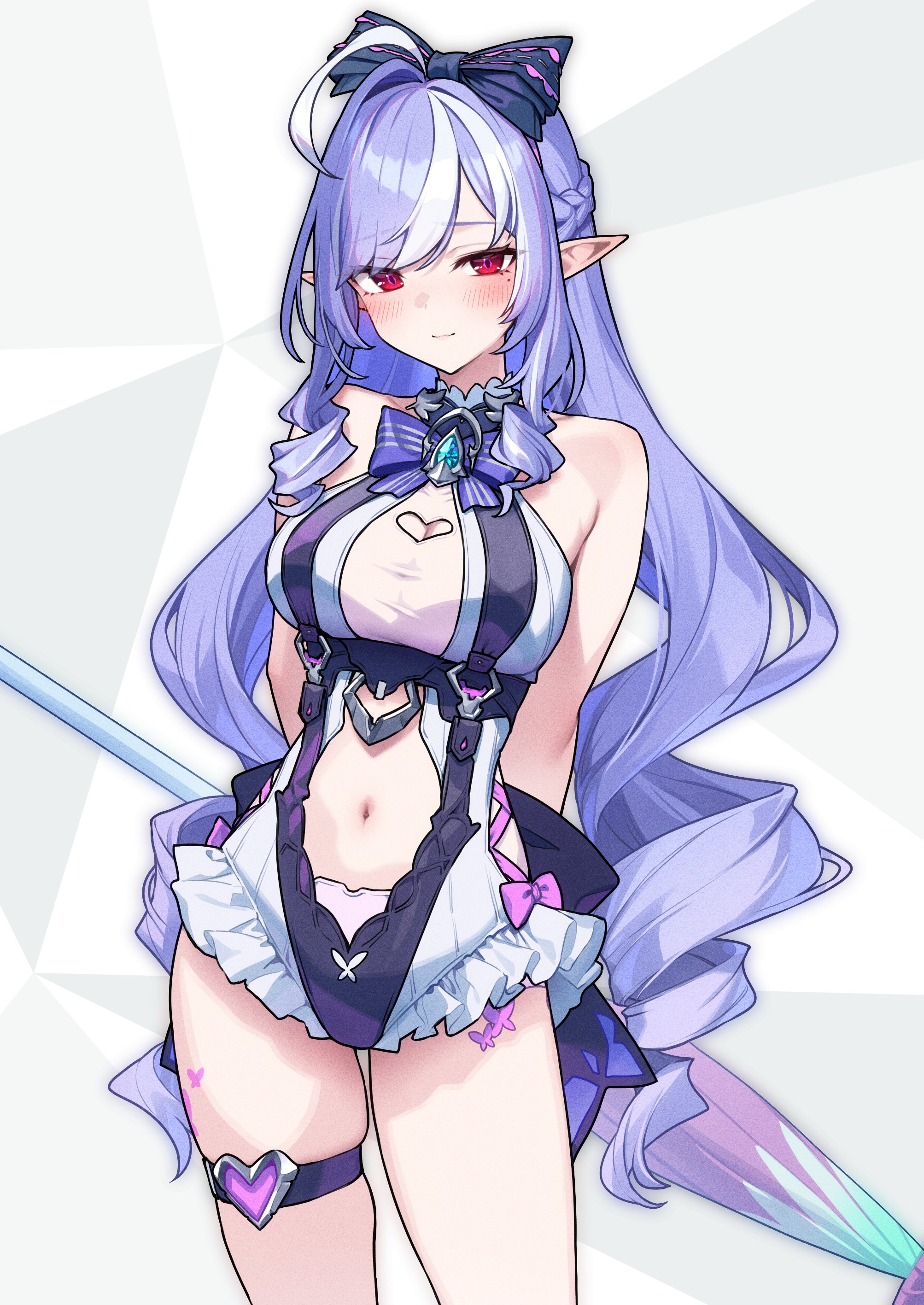 1girls, bonnie 3404, breasts, exposed breasts, female, hoyoverse, legs, long hair, mihoyo, official alternate costume, purple hair, red eyes, swimsuit, vivian banshee, vivian banshee (iris of the shore), white swimsuit, zenless zone zero
