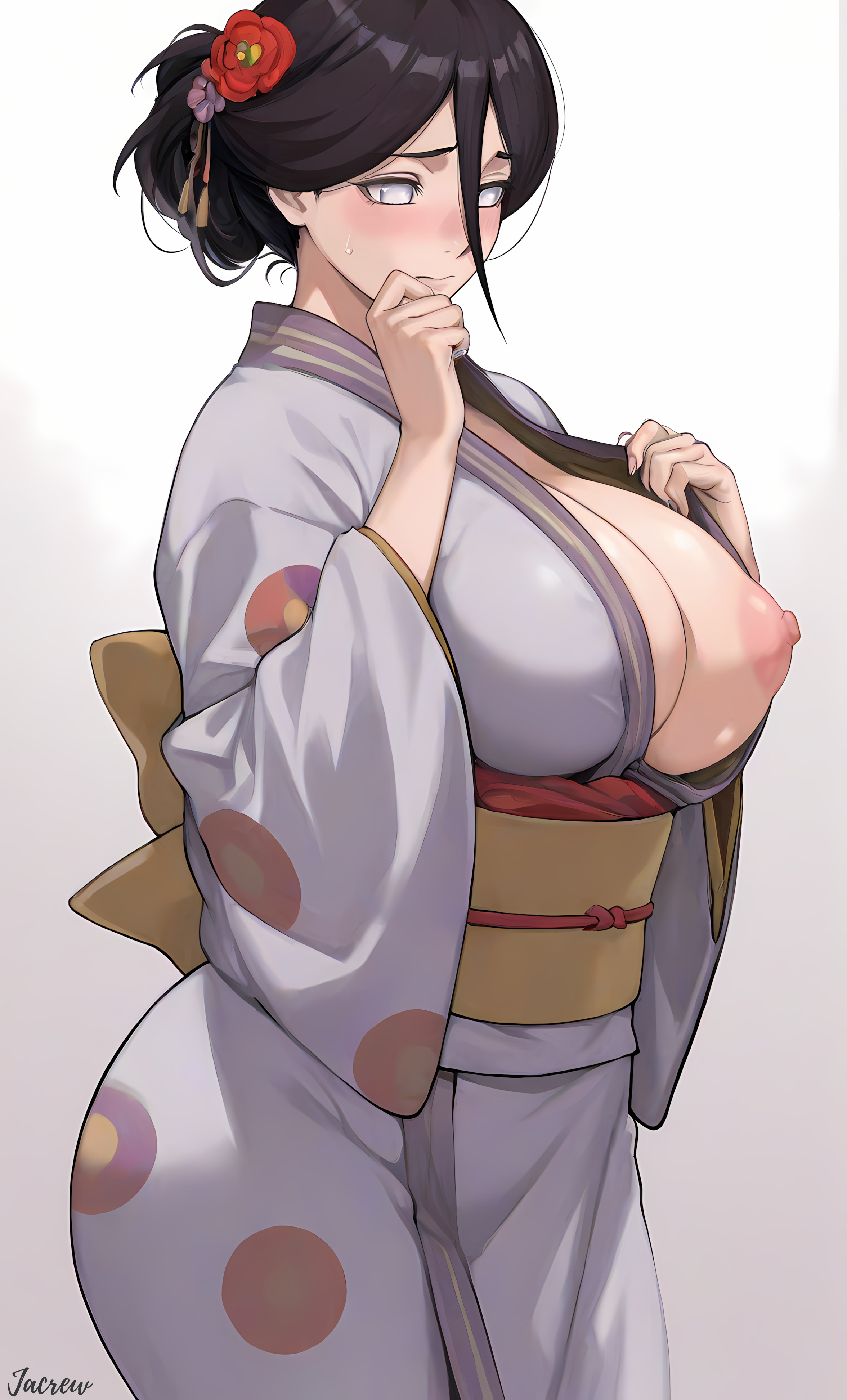 1girls, ai generated, alternate costume, alternate hairstyle, asian clothing, asian female, bare shoulders, big breasts, blush, boruto: naruto next generations, breasts, brown hair, busty, clothed, clothing, cute, female, female focus, female only, floral print, flower in hair, front view, fully clothed, hanabi hyuuga, hi res, high resolution, highres, huge breasts, hyuuga hanabi, jacrew, japanese clothes, japanese clothing, japanese female, kimono, large breasts, light skin, light-skinned female, lips, mature, mature female, milf, mommy, mommy kink, mommy milkers, narrowed eyes, naruto, naruto (series), nipples, nose blush, obi, one breast out, oppai, pale skin, pale-skinned female, pink lips, pink lipstick, pinup, ponytail, pov, pov eye contact, purple eyes, ribbon, sash, shounen jump, shueisha, shy, signature, simple background, sleeveless shirt, solo, solo female, solo focus, tank top, tied hair, traditional clothes, undressing, very high resolution, voluptuous, voluptuous female, weekly shonen jump, weekly shounen jump, white background, yukata