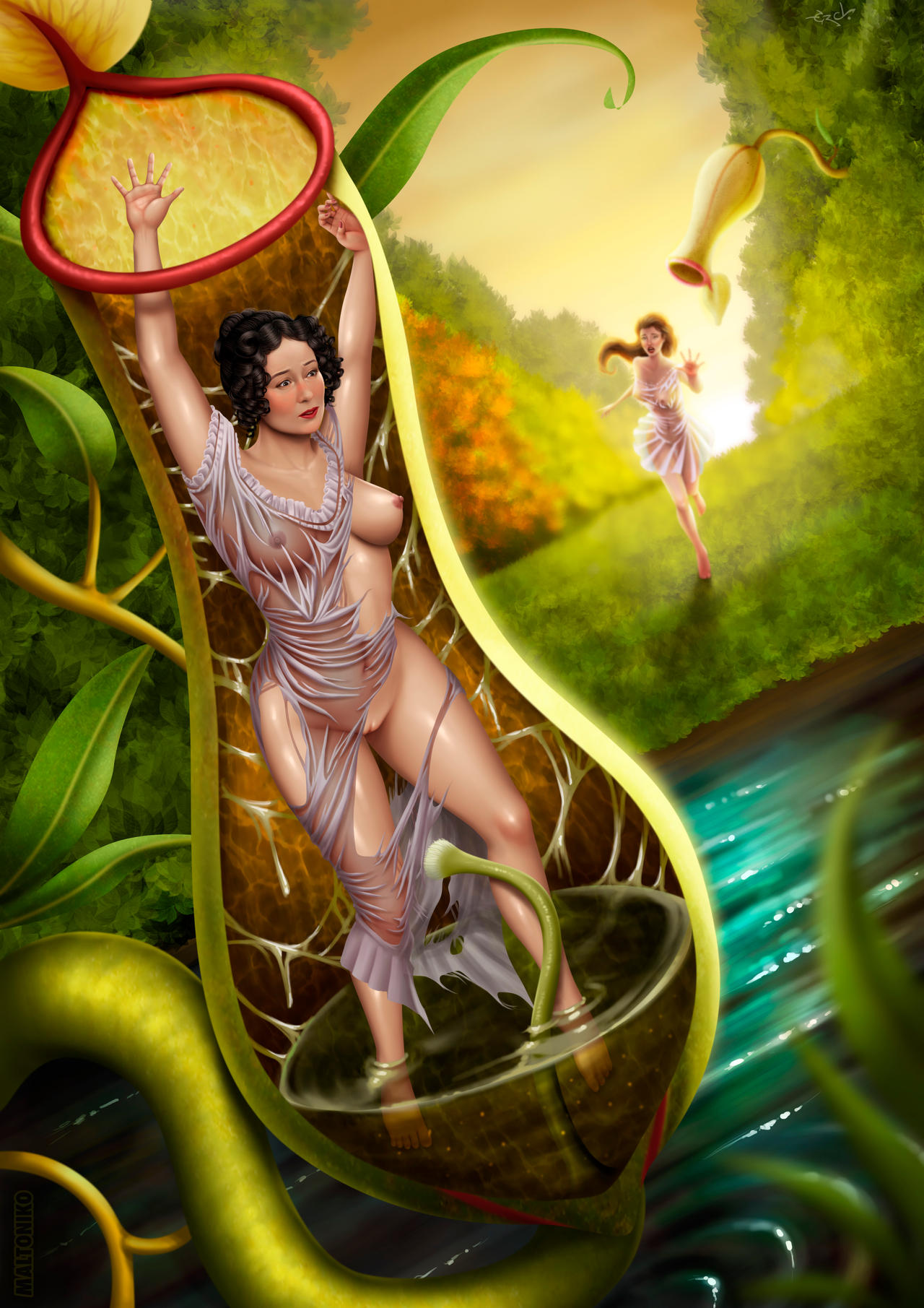 2girls, carnivorous plant, character request, dendrophilia, digestion, digestive fluids, elizabeth bennet, female, female only, female prey, imminent digestion, imminent vore, inside creature, internal view, interspecies, jane austen, jennifer ehle, maltoniko, monster, monster on female, pitcher plant, plant, plant vore, pride and prejudice, regency, ripped clothing, tagme, tendril, torn clothes, trapped, trapped in plant, vore, x-ray