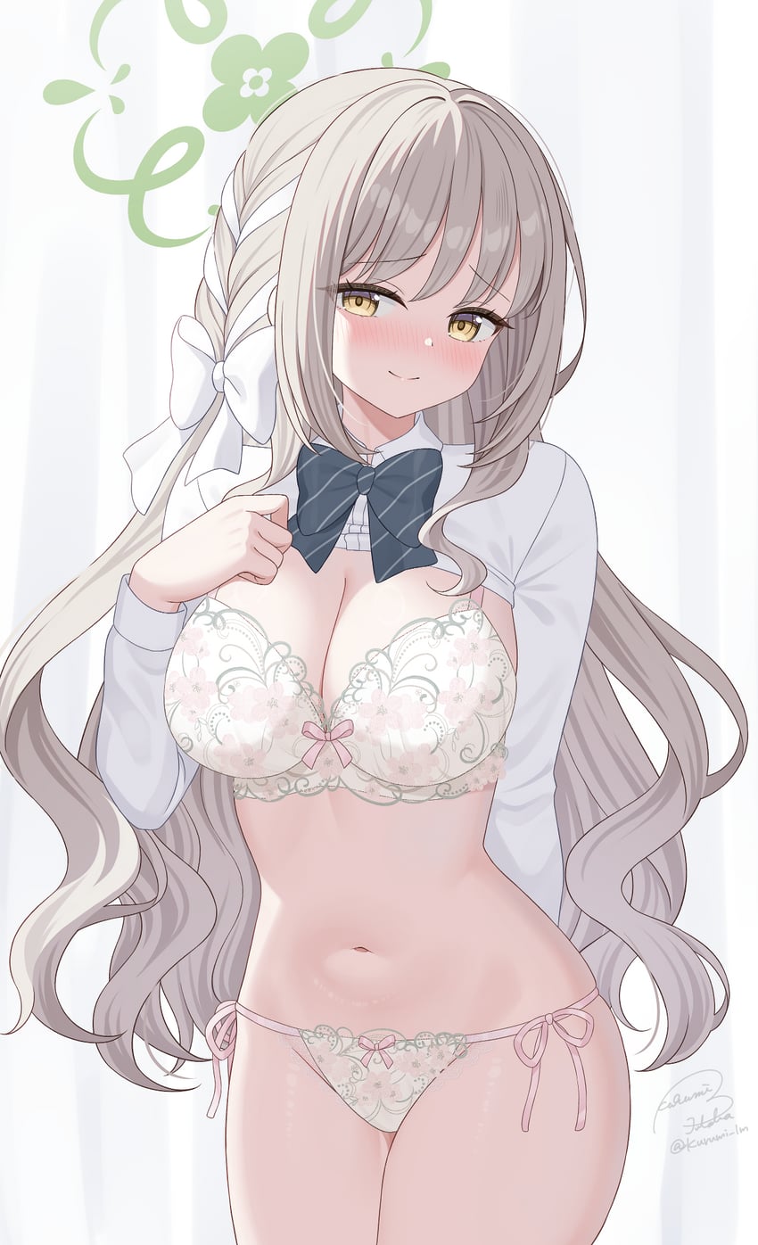 artist name, blue archive, bow, bowtie, bra, breasts, cleavage, closed mouth, clothes lift, collared shirt, commentary request, female, floral print, floral print bra, floral print panties, green bow, green bowtie, green halo, grey hair, hairbow, halo, highres, kurumi lm, long hair, medium breasts, miyo (blue archive), navel, panties, partial commentary, print panties, shirt, shirt lift, side-tie panties, signature, smile, solo, underwear, white bow, white bra, white panties, white shirt, yellow eyes