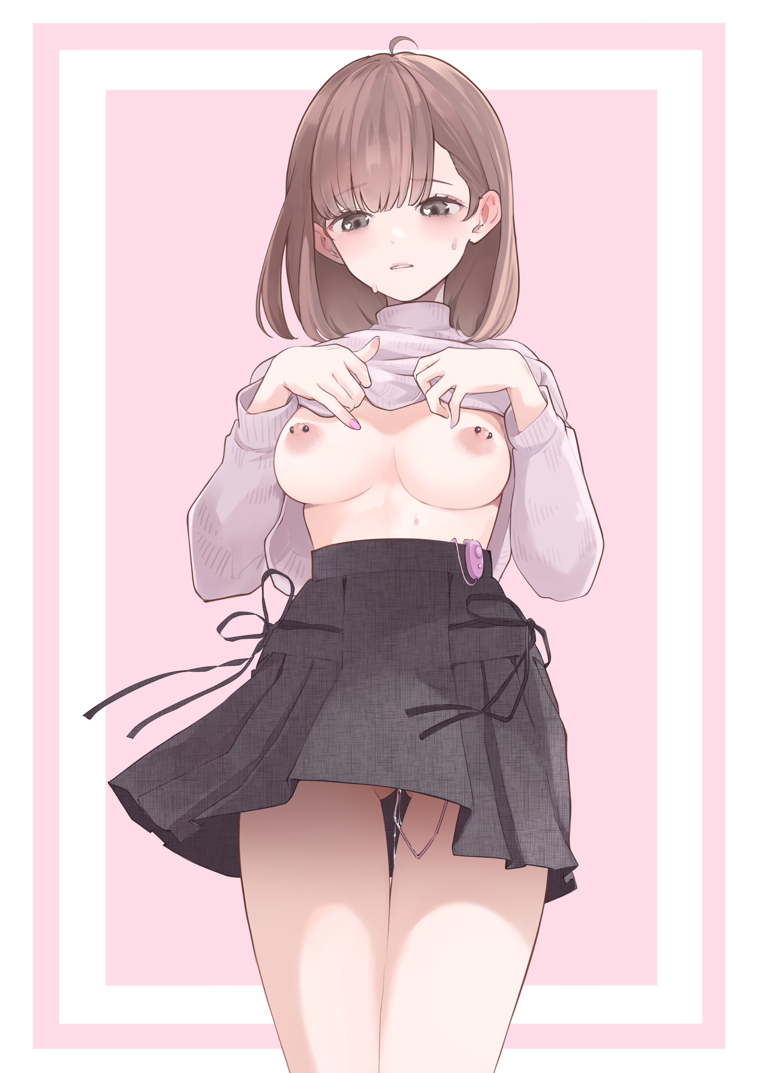 1girls, breasts, female, female only, human, kuchitoito, lifting shirt, medium breasts, nipple piercing, no bra, pussy, pussy juice, raised clothing, shirt lift, skirt, solo, sweater lift, turtleneck, vibrator, vibrator under clothes