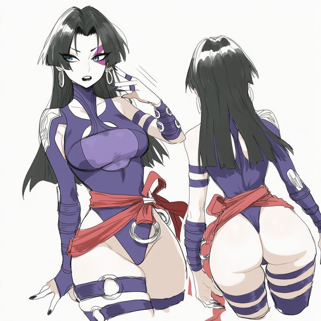 1girls, ai generated, big ass, black hair, blue eyes, breasts, clothed, clothing, commentary, earrings, female, front and back, highleg, highleg leotard, jewelry, lapis slopzuli, leotard, long hair, marvel, marvel comics, marvel rivals, medium breasts, multiple views, open mouth, psylocke, psylocke (sai) (vengeance), purple leotard, single bare shoulder, superhero costume, tagme, teeth, upper teeth only, uravity98114