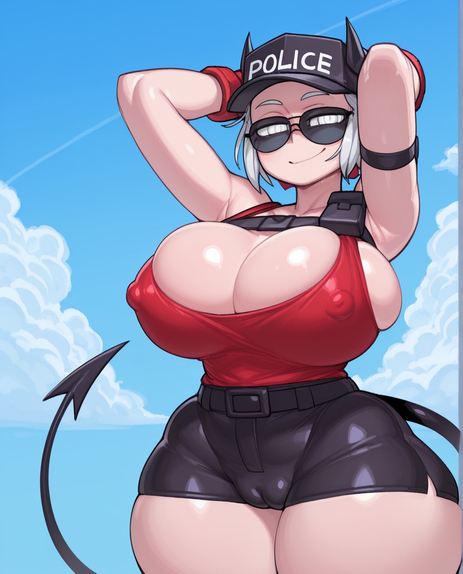 2d, ai generated, baxx15, black headwear, black shorts, blue sky, breasts, breasts bigger than head, cameltoe, clouds, demon horns, demon tail, female, fingerless gloves, front view, hands behind head, headwear, helltaker, horny, huge ass, huge breasts, illustrious (stable diffusion), justice (helltaker)looking at viewer, looking forward, massive breasts, nipple indents, outside, police hat, red gloves, red tank top, sexy pose, short hair, sky, slim waist, smirking, solo, sunglasses, tight clothes, wide hips