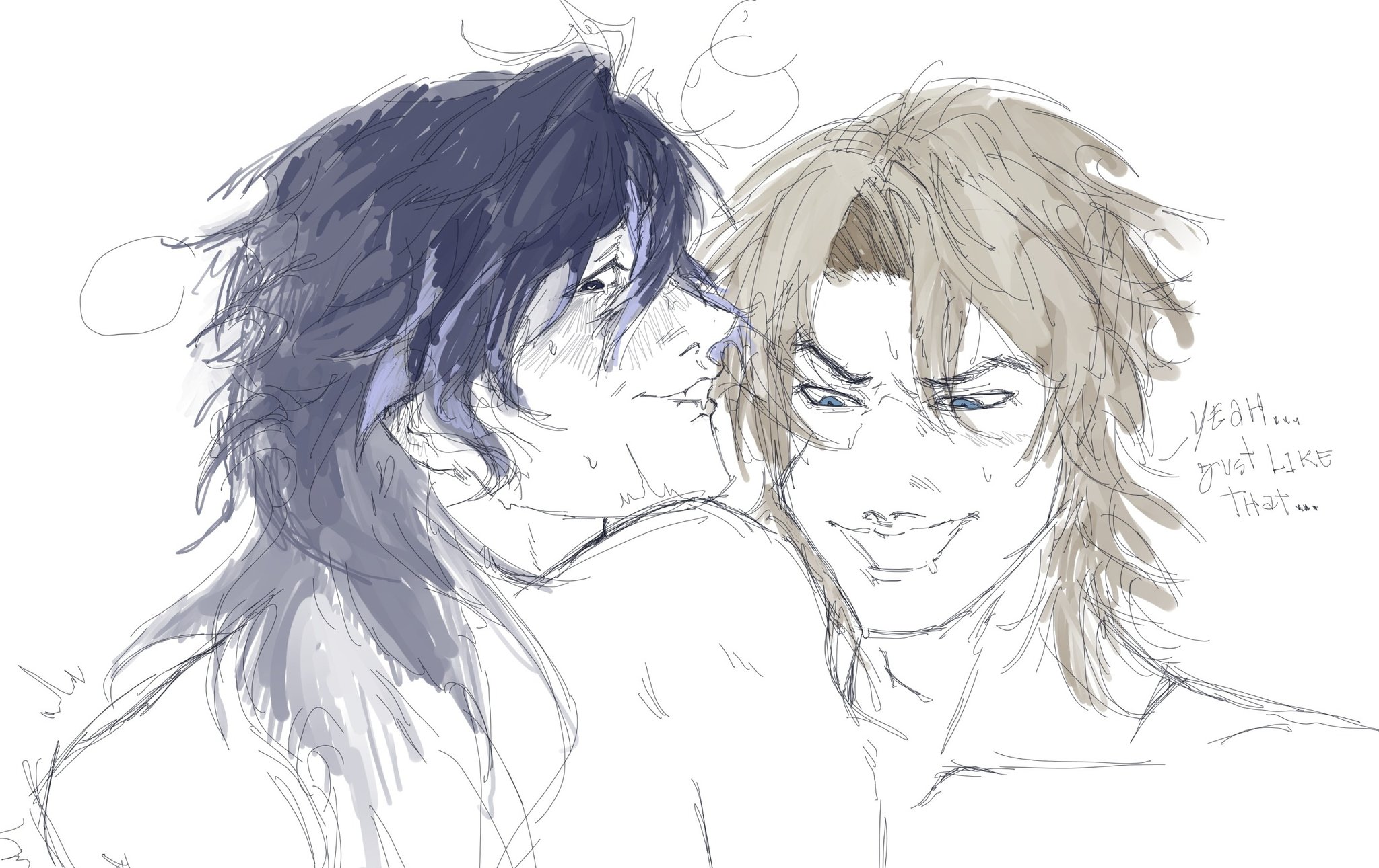2boys, flins (genshin impact), gay, genshin impact, headshot, huff, implied sex, male, male only, male/male, naked, nude, varka (genshin impact), yaoi