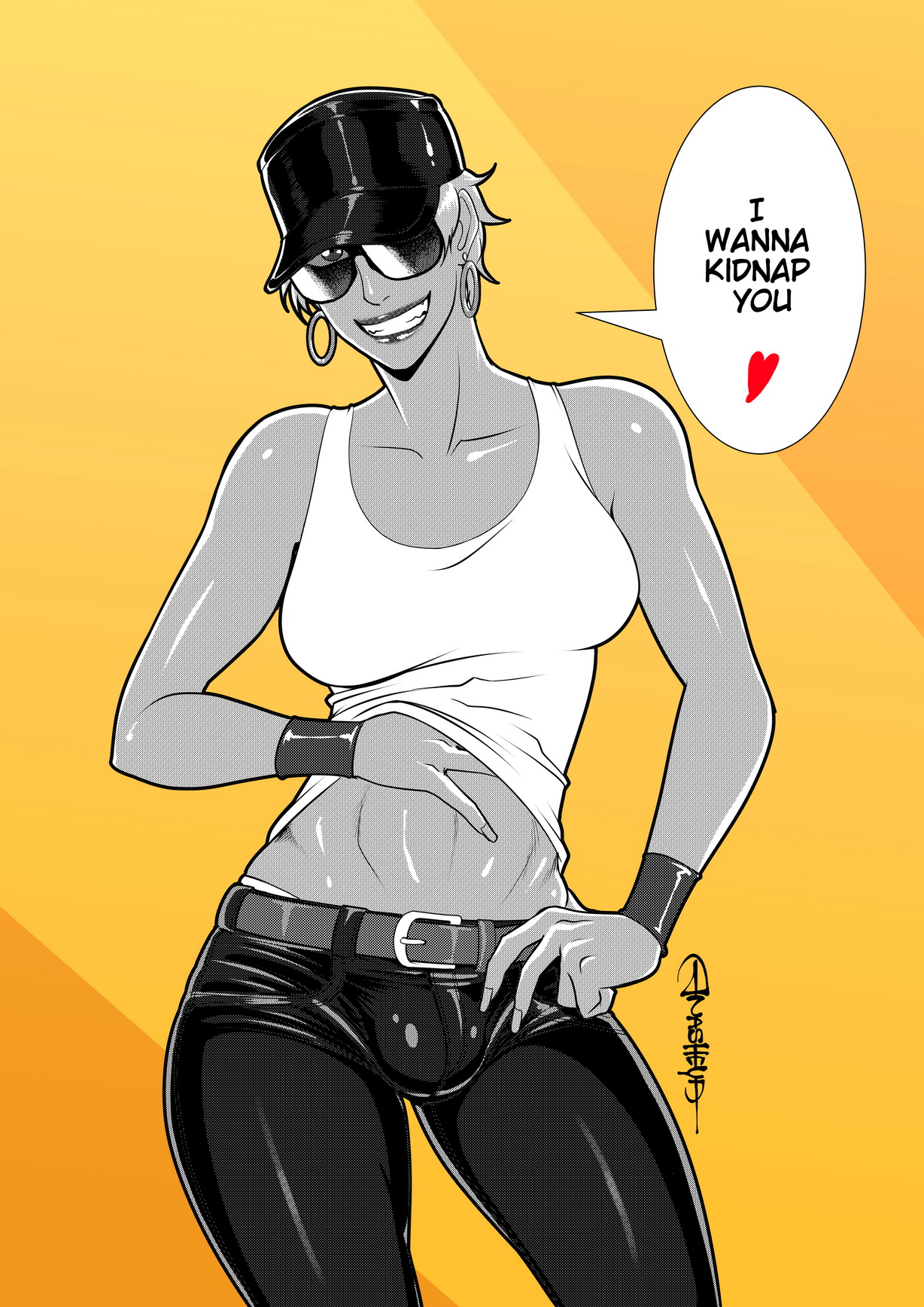 1futa, abs, anasheya, bulge, cap, color, dark skin, dark-skinned futa, dickgirl, earrings, english text, futa only, futadom, futanari, heart, hoop earrings, hourglass figure, intersex, looking at viewer, muscular, muscular futa, short hair, smile, solo, solo futa, speech bubble, standing, sunglasses, tank top