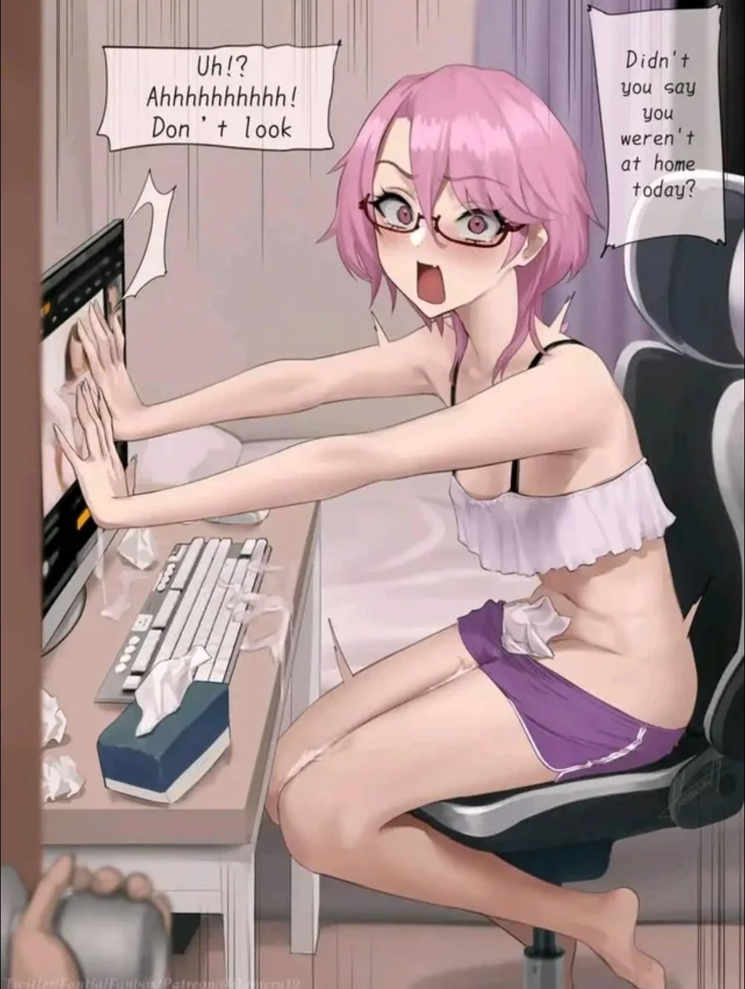 2boys, after masturbation, after orgasm, caught, caught in the act, caught masturbating, chair, cum, cum on desk, feminine male, glasses, glasses on face, ikemeru19, male, male with breasts, pink hair, ria (ikemeru19), tissue, tissue box, tissue wad, tissues