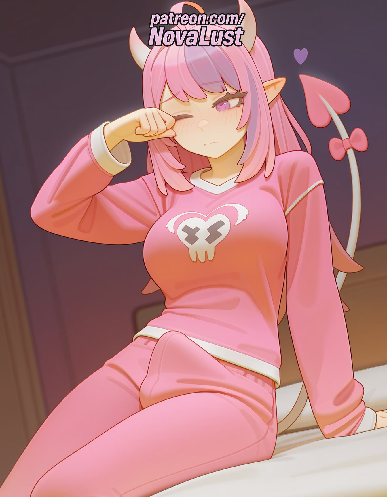 1futa, 2025, ai generated, arm support, artist name, blush, breasts, bust, chest, demon girl, demon horns, demon tail, female, futanari, heart, hi res, high quality, high resolution, highres, horns, intersex, ironmouse, long hair, novalust, pajamas, patreon, patreon username, pink hair, pointy ears, rubbing eyes, sitting, solo, stable diffusion, tail, tail bow, tail ornament, virtual youtuber, vtuber, watermark