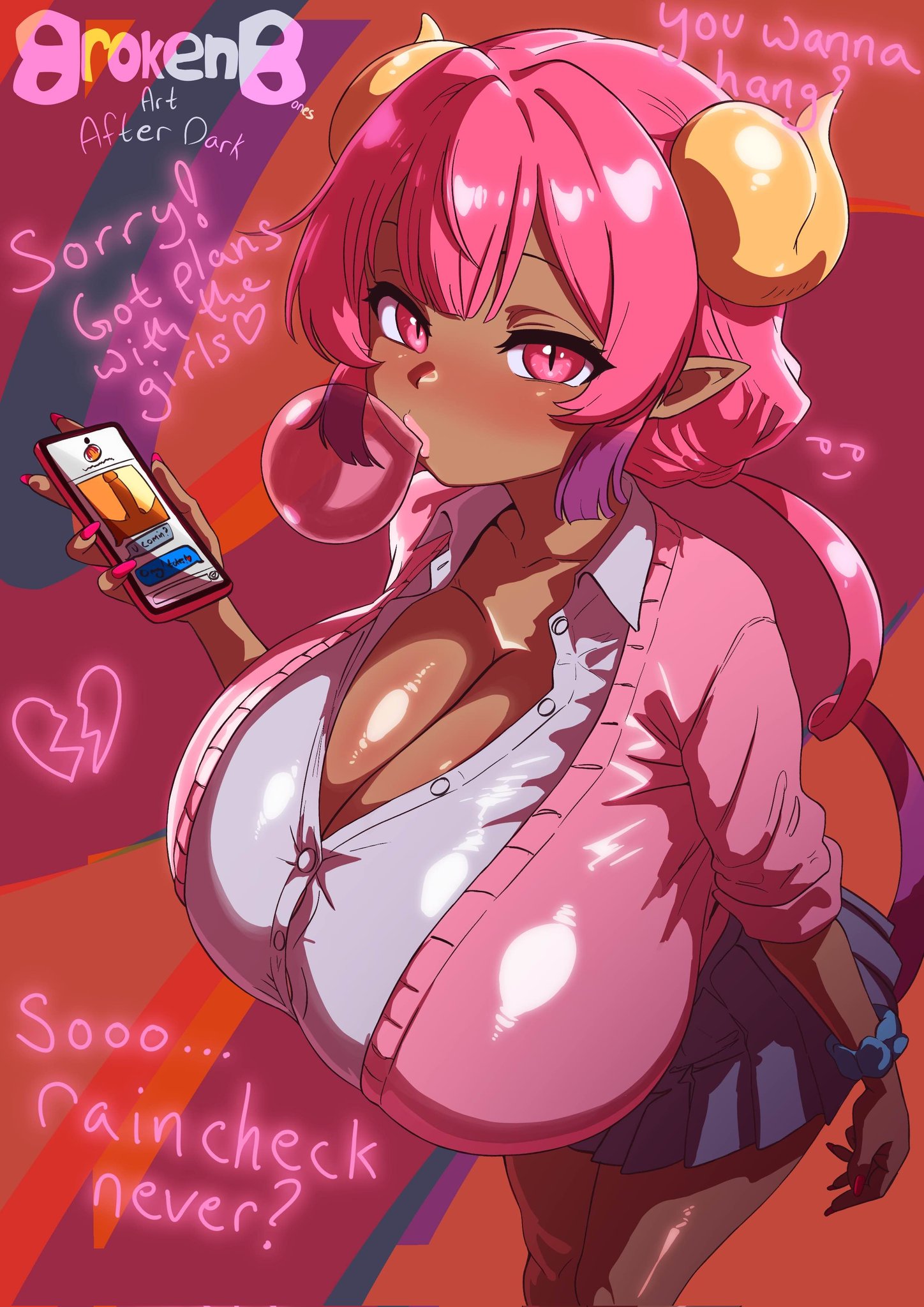 1girls, bag, big breasts, blush, breasts, brokenbonesad, cellphone, cleavage, collared shirt, english text, female, female only, gigantic breasts, heart, horns, huge breasts, ilulu (dragon maid), kobayashi-san chi no maidragon, looking at viewer, miniskirt, phone, pink eyes, pink hair, pleated skirt, pointy ears, scrunchie, shirt, skirt, solo, text, wrist scrunchie