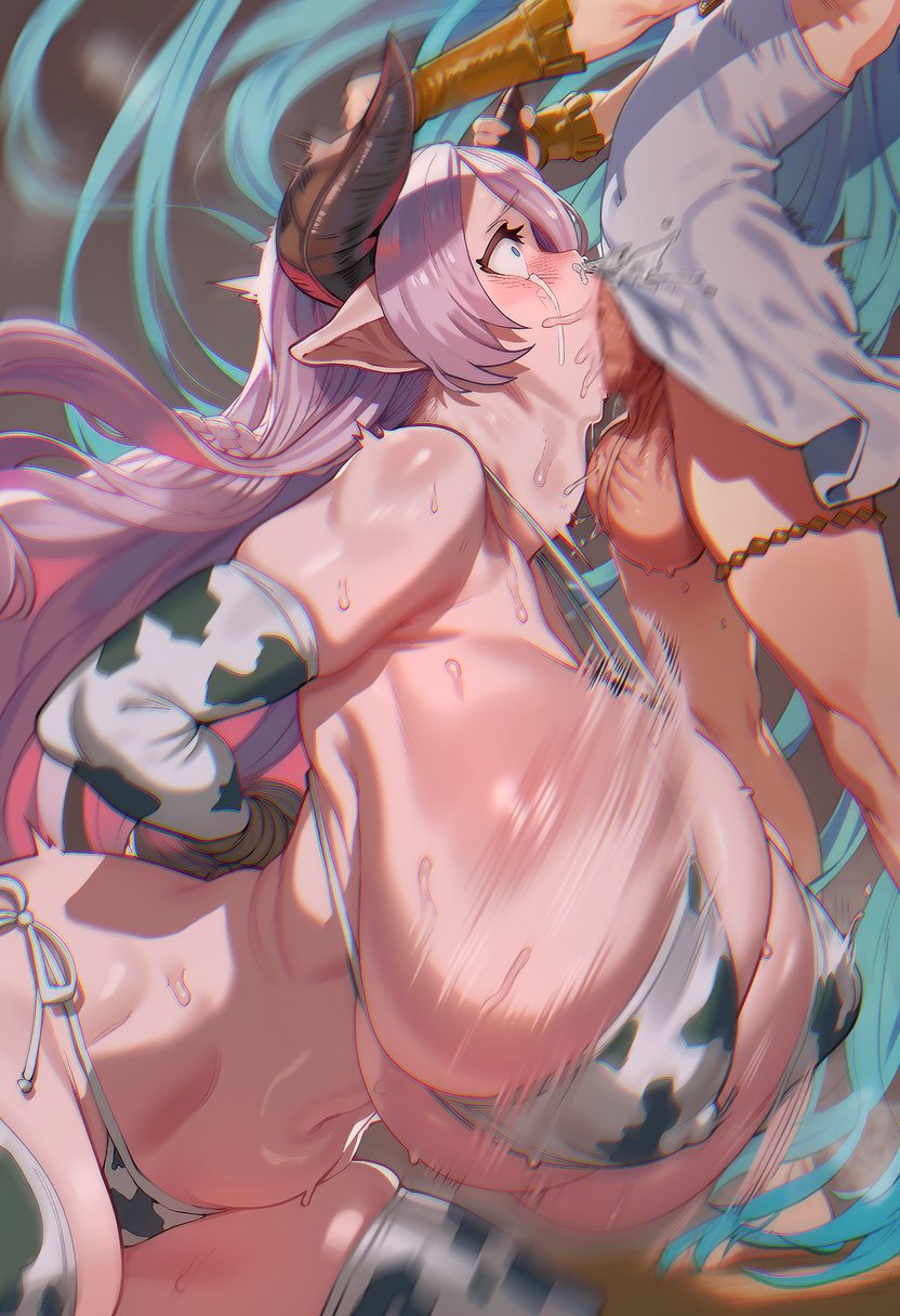 1futa, 1girls, ai generated, arm gloves, arms behind back, asphyxiation, belly, bouncing breasts, constricted pupils, cowprint, cowprint bikini, crying, crying with eyes open, deepthroat, drooling, face fucking, fit, forced, forced oral, fucked silly, futa on female, futadom, futanari, gigantic breasts, granblue fantasy, heyw, horn, horn grab, horns, huge breasts, huge cock, irrumatio, larger female, long hair, lyria (granblue fantasy), motion lines, narmaya (granblue fantasy), navel, neck bulge, oral, oral rape, pink hair, rape, restrained, revealing clothes, rolling eyes, rope, rough sex, size difference, skindentation, small dom big sub, smaller futa, snot, stomach, sweat, tears, thick thighs, thighhighs, throat bulge, thrusting, thrusting into mouth, tied hands, wide hips