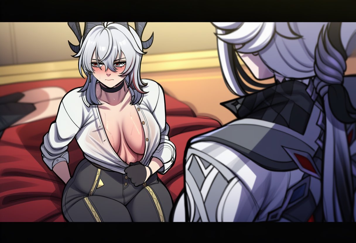 1futa, 1girls, ai generated, arlecchino (genshin impact), bed, bedroom, big breasts, blush, breasts, button down shirt, choker, clothed, curvy figure, deku nerd, embarrassed, female, futanari, genshin impact, gloves, horns, hoyoverse, human, humanoid, intersex, kuro games, looking away, looking down at partner, preparing, preparing self, red eyes, sitting, sitting on bed, stripping, sweat, sweatdrop, thick thighs, undone shirt, waiting for sex, white hair, wuthering waves, zani (wuthering waves)