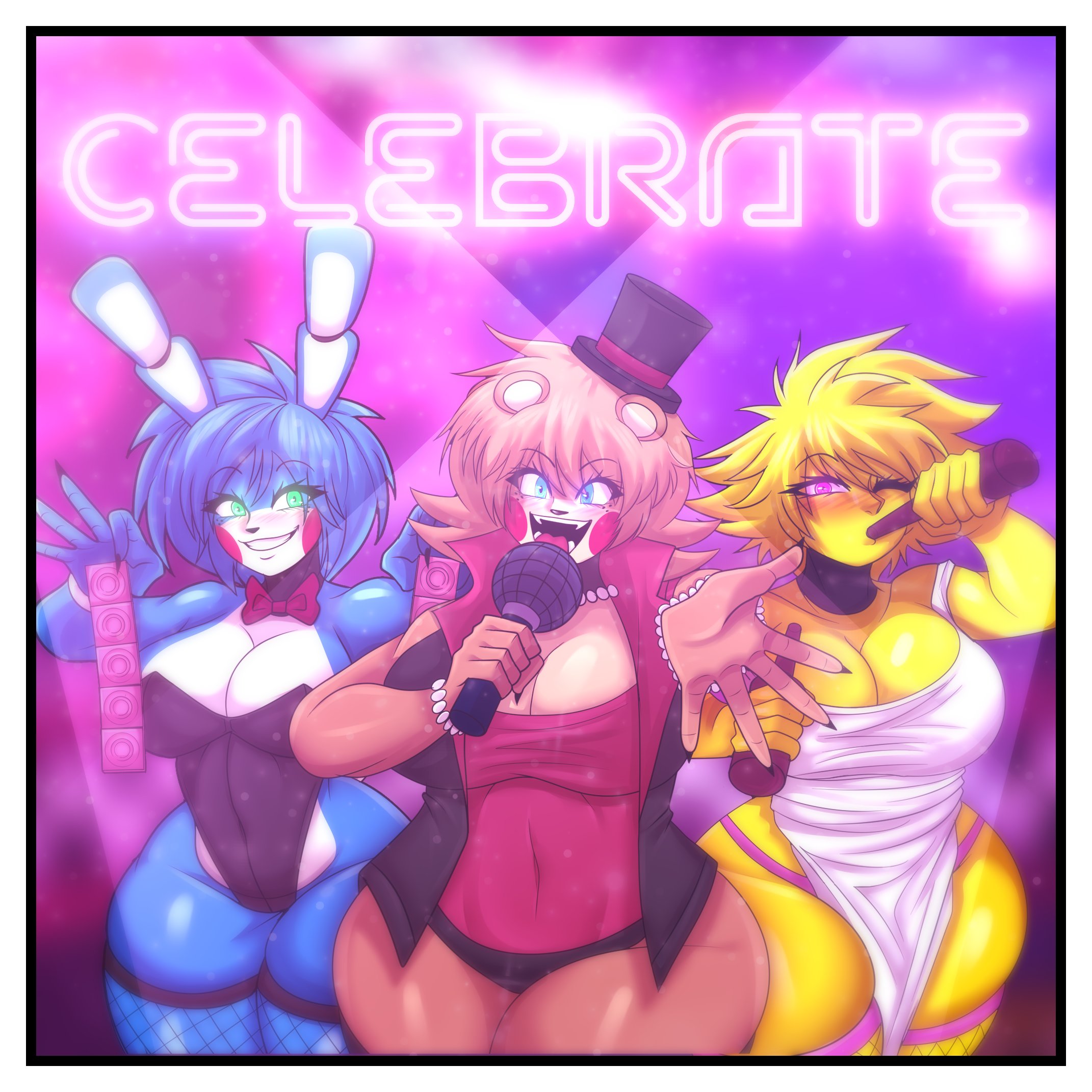 3girls, animal ears, animatronic, animatronic female, animatronic girl, animatronics, anthro, anthro female, anthro only, bear ears, bear girl, beer, beer bottle, belly, belly visible through clothing, black fishnet legwear, black leotard, black nail, black nails, black neck, black panties, blue body, blue eyes, blue hair, blurred background, bonnie (fnia), bottle, bow tie, bowtie, bracelet, bracelets, breasts, brown body, brown hair, bunny ears, bunny girl, chica (fnia), condom, condom wrapper, elronnyx, female, female anthro, female focus, female only, fishnet legwear, fishnets, five nights at freddy's, five nights in anime, five nights in anime rx, fnaf, fnia, freddy (fnia), g-string, green eyes, hat, holding condom, holding condom wrapper, leotard, looking at viewer, microphone, nail, nails, nails painted, necklace, one eye closed, one eye open, only girl, open mouth, open smile, pink eye, pink fishnets, pink panties, rabbit ears, rabbit girl, red bow tie, red bowtie, red cheeks, robot, robot anthro, robot girl, robot humanoid, short hair, tagme, thick thighs, thighs, thighs together, top hat, tophat, toy bonnie (fnia), trio, trio female, trio focus, two tone body, two-tone body, yellow body, yellow hair
