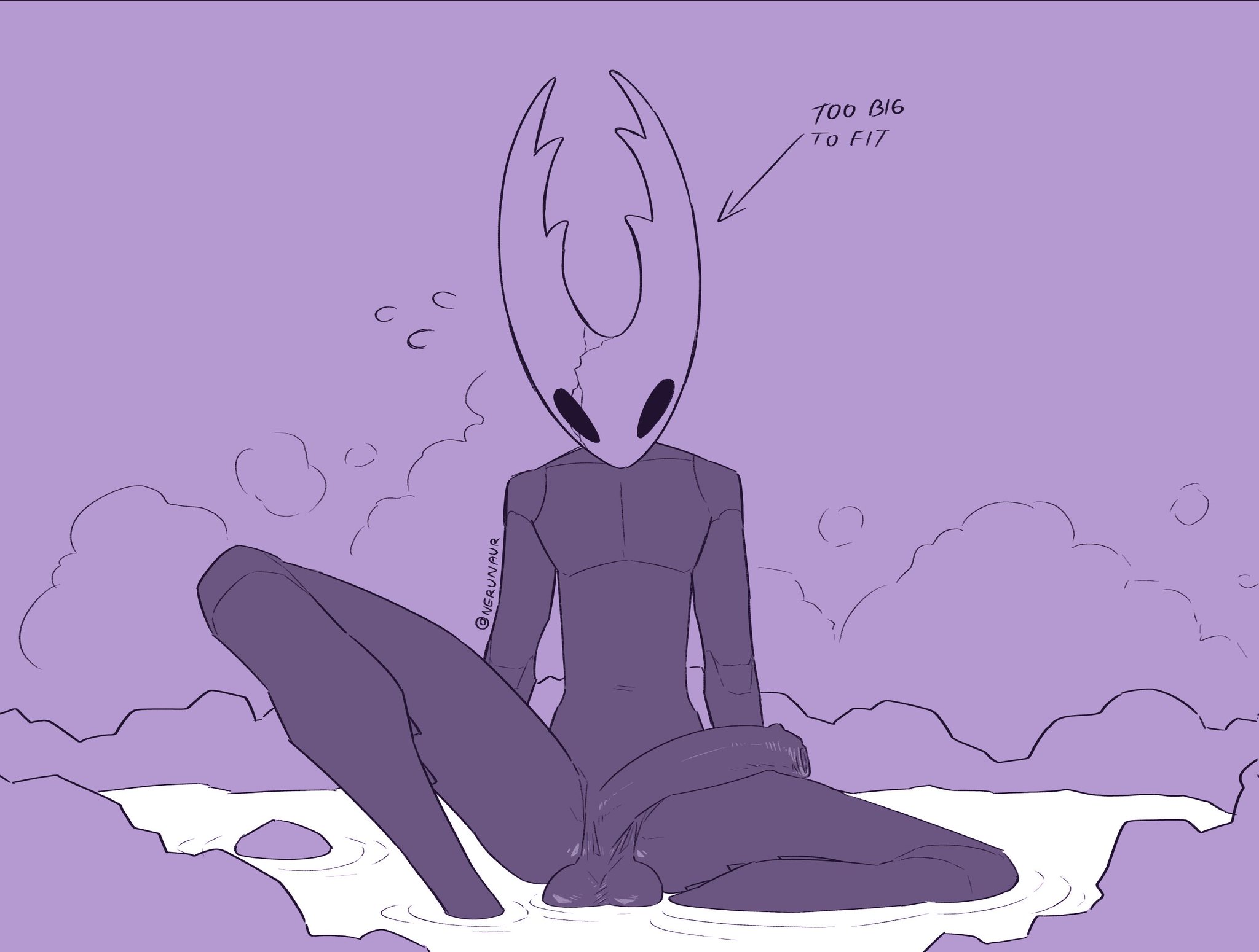anthro, balls, flat colors, foreskin, genitals, hanging balls, hi res, hollow knight, hollow knight (character), huge balls, huge cock, humanoid genitalia, humanoid penis, long penis, male, nerunaur, penis, poney, precum, sitting, solo, solo male, thick penis, uncircumcised, uncut