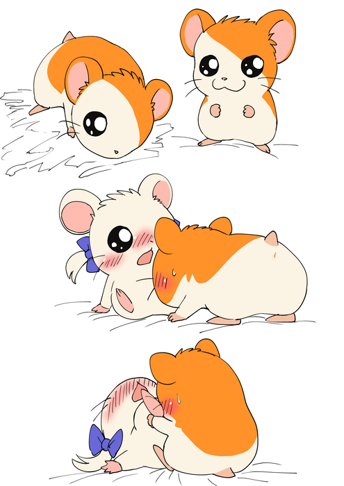 2017 anus bijou blush bow_tie duo female feral hamster hamtaro hamtaro_(series) male mammal manmosu_marimo rodent simple_background straight white_background