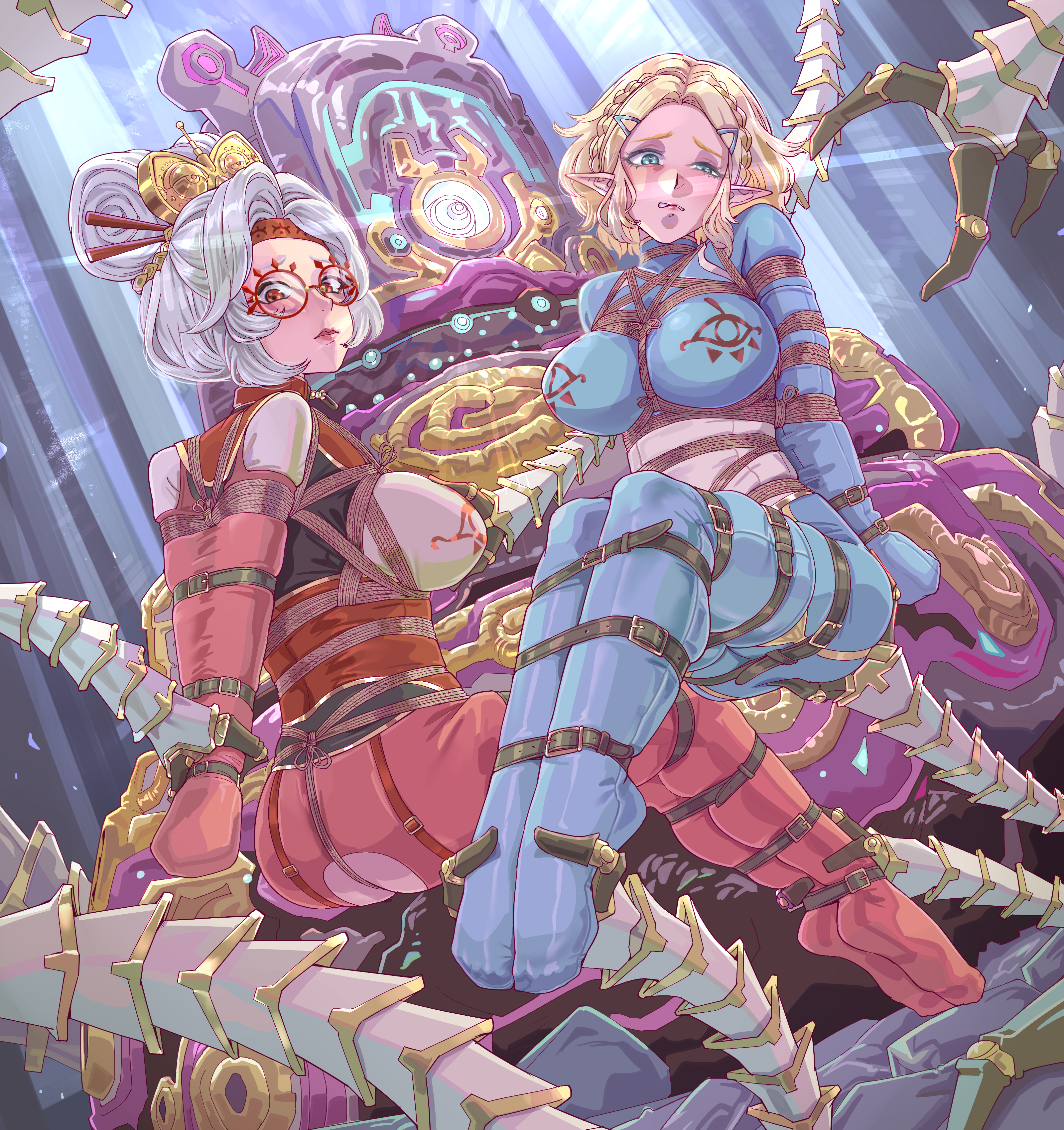 2girls, armbinder, bodysuit, bondage, bound, female, femsub, leveen, nintendo, princess zelda, purah, purah (tears of the kingdom), restrained, tears of the kingdom, the legend of zelda, zelda (tears of the kingdom)