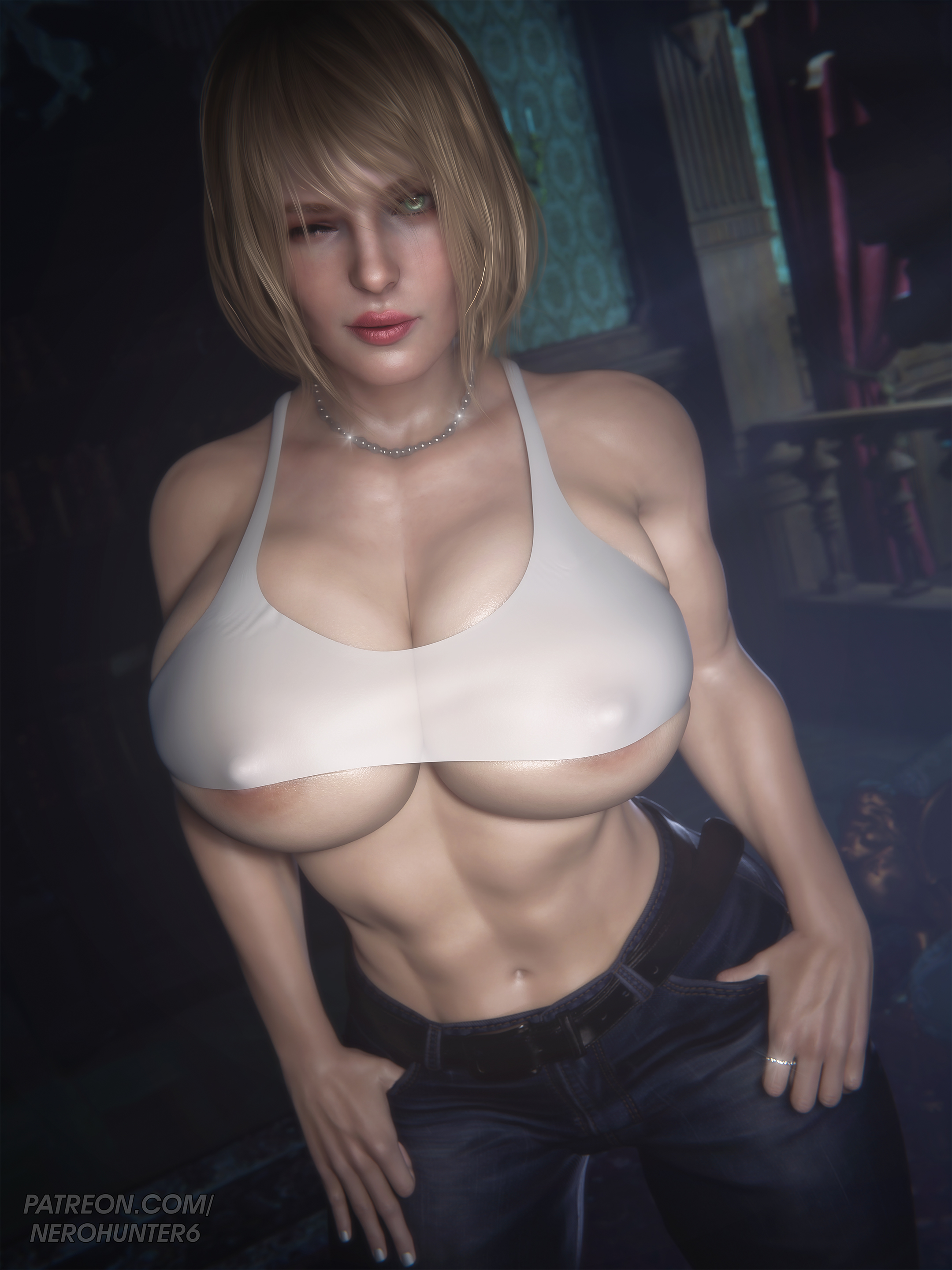 3d, 3d (artwork), abs, areolae, ashley graham, ashley graham (ella freya), athletic, athletic female, big breasts, blonde female, blonde hair, blonde-haired female, blue jeans, breasts, clothed, clothed female, female, female focus, female only, green eyes, green eyes female, jeans, large boobs, large breasts, light skin, light-skinned female, muscular, muscular female, necklace, nerohunter6, realistic, resident evil, resident evil 4, resident evil 4 remake, solo, solo female, solo focus, tank top, thick thighs, thighs, toned, toned female, translucent, translucent clothing, underboob, video game character, white tank top