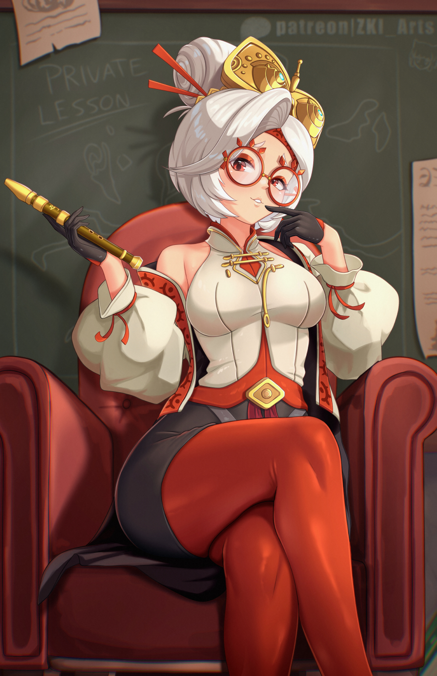 1girls, 2025, 2d, 2d (artwork), backless bodysuit, bare shoulders, black gloves, breasts, coat, crossed legs, eyeshadow, eyewear on head, female, female only, glasses, gloves, grey coat, hair ornament, hair stick, headband, highres, large breasts, makeup, medium breasts, nintendo, pantyhose, pencil skirt, purah, purah (tears of the kingdom), questionable, raised eyebrows, red eyes, red eyeshadow, red headband, red pantyhose, red-framed eyewear, round eyewear, sfw, sheikah, skirt, solo, solo female, tears of the kingdom, the legend of zelda, updo, white hair, yellow coat, z-ki