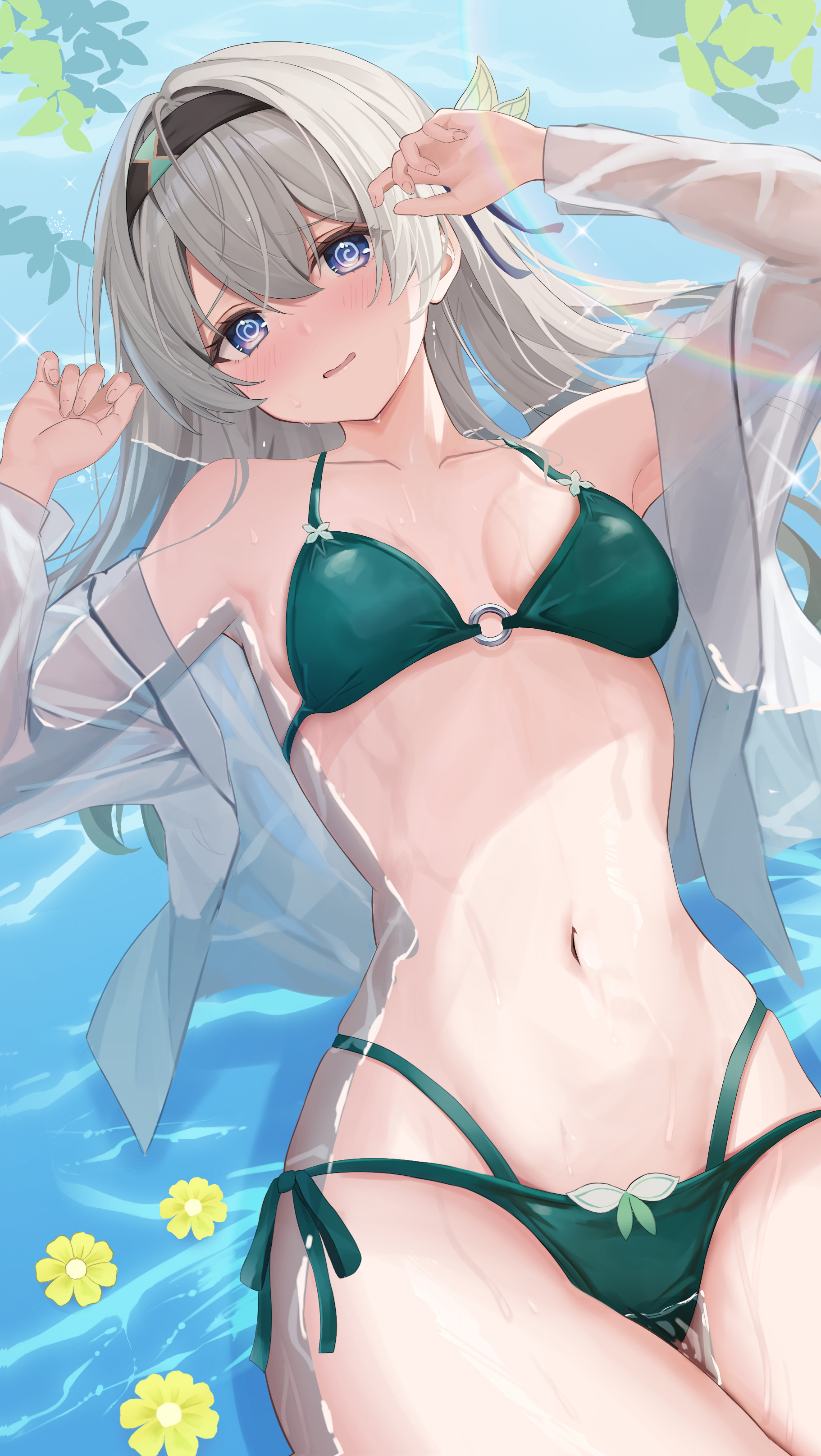 1girls, armpits, female, firefly (honkai: star rail), green swimsuit, honkai: star rail, hoyoverse, melvis kenzen, mihoyo, multicolored eyes, multicolored hair, swimsuit, water