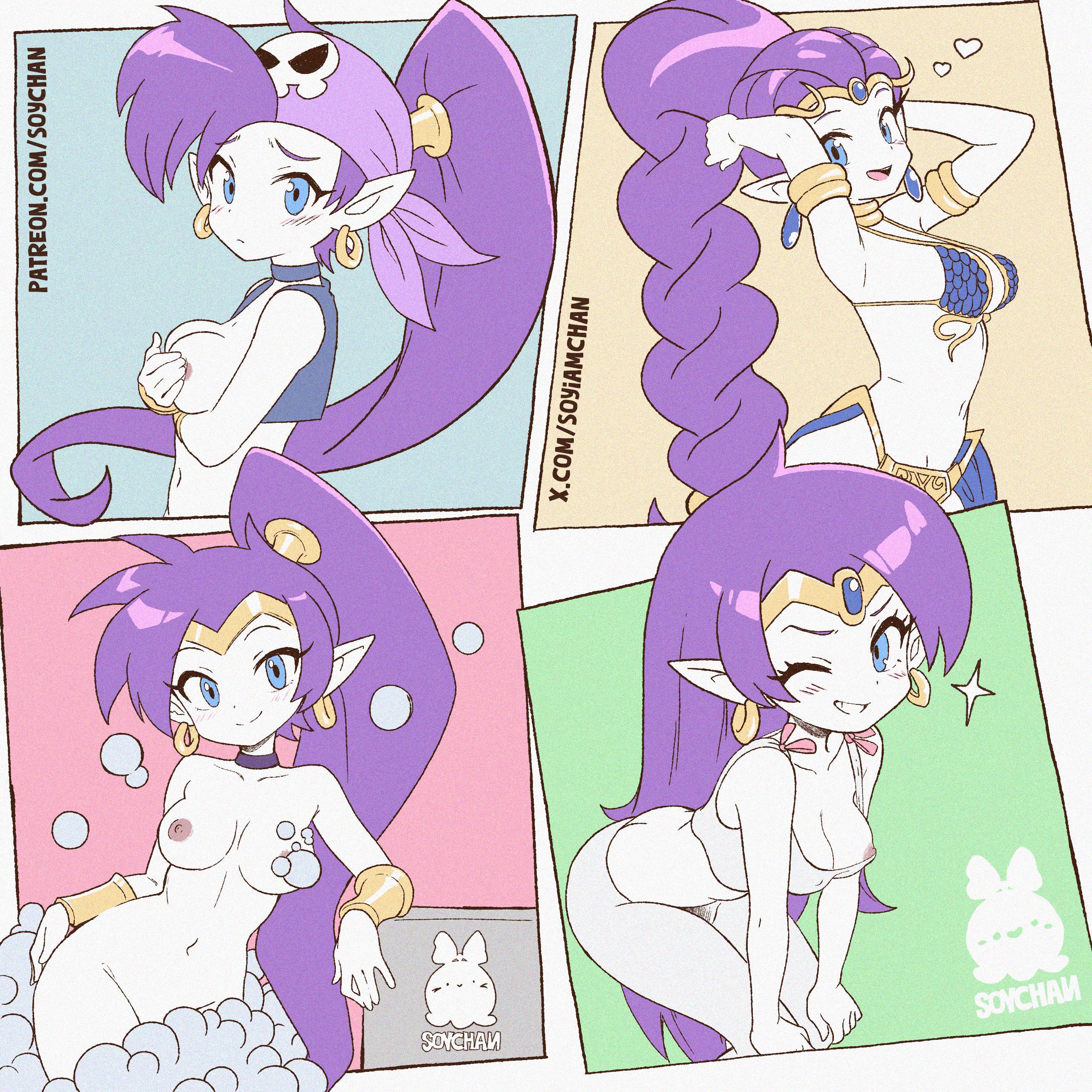 1girls, blush, braided hair, braided ponytail, breasts, bubbles, completely nude, completely nude female, covering breasts, dancer outfit, dancer shantae, female, female only, genie girl, nipple slip, pajamas, partially colored, pirate shantae, purple hair, sexy pose, shantae, shantae (character), shantae: half-genie hero, solo, source request, soy-chan, soyiamchan, tagme, white skin, white-skinned female, winking