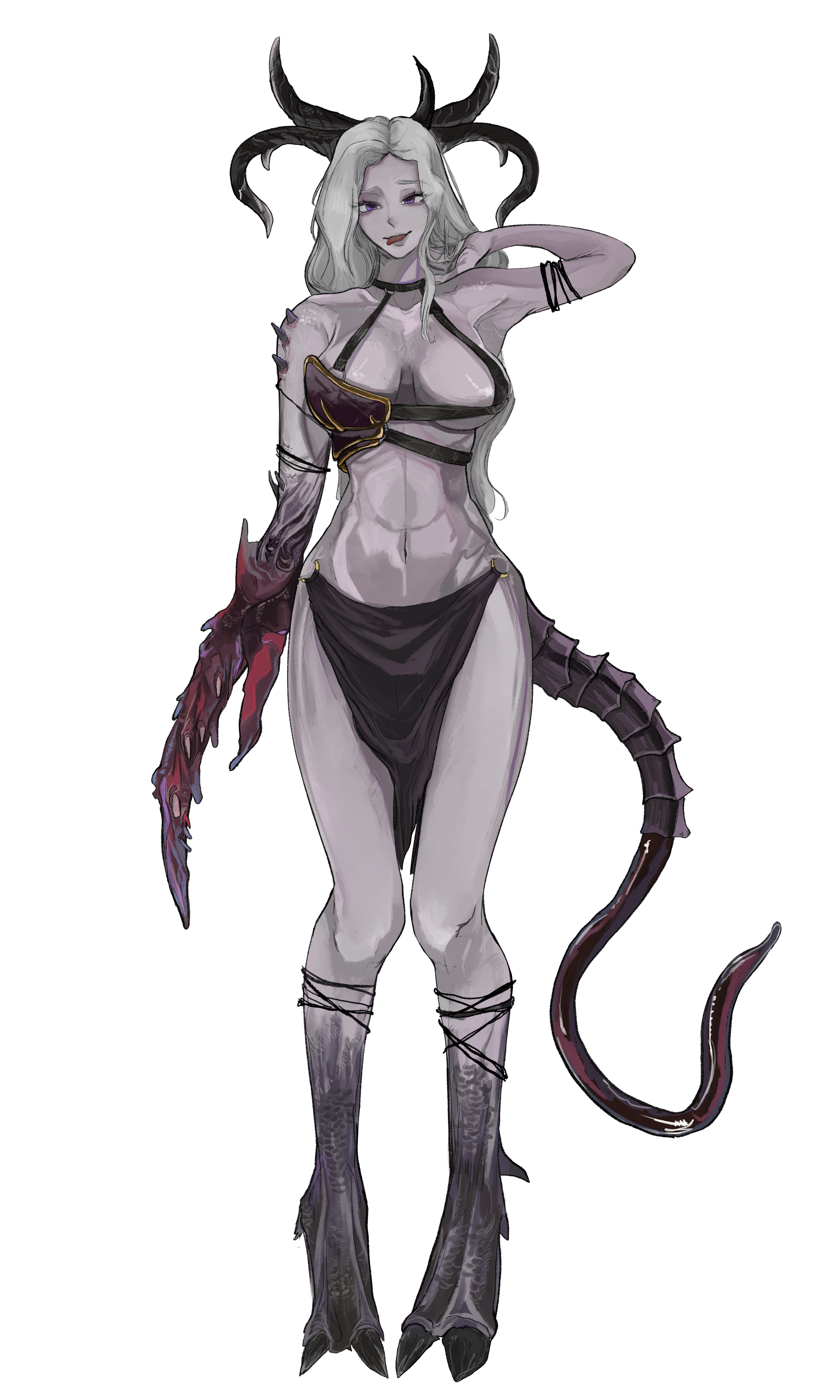 101ho, 1girl, 1girls, armor, belly button, big breasts, bra, breasts, chaos (warhammer), chaos daemon, claws, daemonette, female, female solo, horns, long hair, purple eyes, purple skin, skirt, solo, solo female, tail, teasing, teasing viewer, tongue, tongue out, warhammer (franchise), warhammer fantasy, white background, white hair