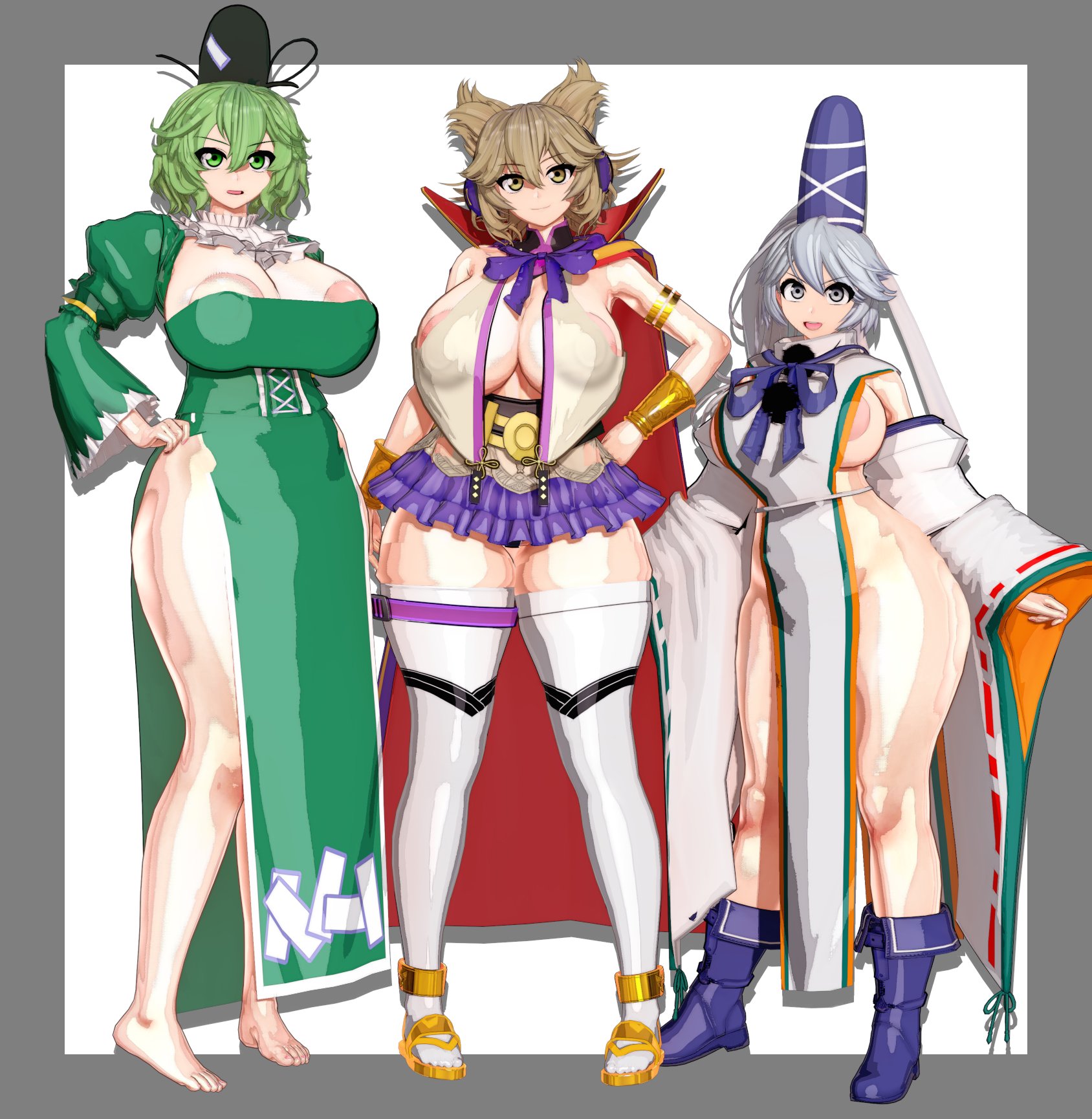 3girls, big breasts, blonde hair, breasts, clothed, female, gray hair, green hair, hips, idohori people, large breasts, mononobe no futo, soga no tojiko, thick thighs, thighhighs, thighs, touhou, toyosatomimi no miko, visible nipples