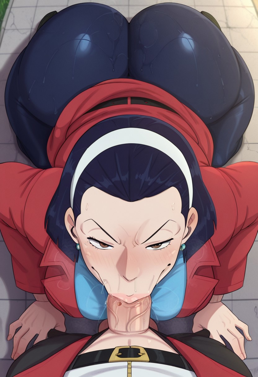 :>=, 1boy, 1girls, ai generated, ass, big ass, blue hair, breasts, brown eyes, cleavage, deepthroat, diamond is unbreakable, erect penis, erection, fellatio, fellatio face, female, huge ass, huge breasts, jojo no kimyou na bouken, jojo's bizarre adventure, large penis, looking at viewer, male, mature, mature female, milf, oral, oral sex, outdoor sex, outdoors, outside, penis, pov, pov male, purple hair, steamy breath, straight, sweat, sweatdrop, sweating, sweaty, tomoko higashikata, veiny penis, yoctom