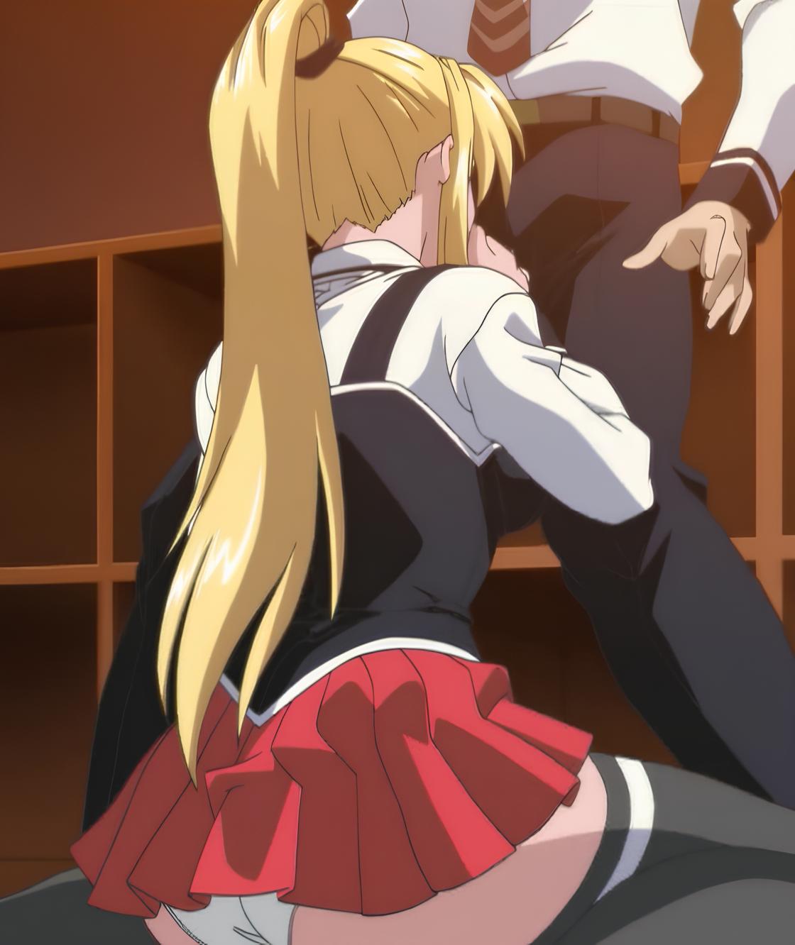 1boy, 1girls, academy uniform (bible black), ass, belt, bible black, bible black only, big ass, big breasts, blonde hair, blowjob, breasts, classmates, clothed sex, clothing, duo, faceless, faceless male, facing away, female, from behind, high resolution, holding penis, kneeling, legwear, light-skinned female, light-skinned male, long hair, long sleeves, male, necktie, oral, oral sex, panties, pants, partial male, penis, penis grab, penis in mouth, pleated skirt, rear view, round ass, saeki kaori, school uniform, schoolgirl, screencap, shirt, sidelocks, skirt, spread legs, standing, stockings, sucking, sucking penis, suspenders, teenage female, teenager, thighhighs, tied hair, uncensored, underwear, uniform, unseen male face, very long hair, vest, viewed from behind