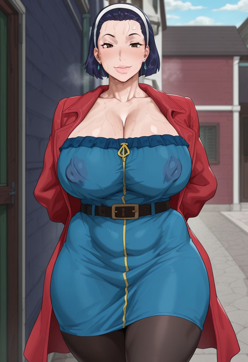 1girls, ai generated, areola, areolae visible through clothing, blue hair, breasts, brown eyes, cleavage, clothed, clothed female, clothing, diamond is unbreakable, female, huge breasts, jojo no kimyou na bouken, jojo's bizarre adventure, looking at viewer, mature, mature female, milf, nipples, nipples visible through clothing, no bra, outdoors, outside, purple hair, solo, standing, steamy breath, sweat, sweatdrop, sweating, sweaty, sweaty breasts, thick thighs, thighs, tomoko higashikata, yoctom