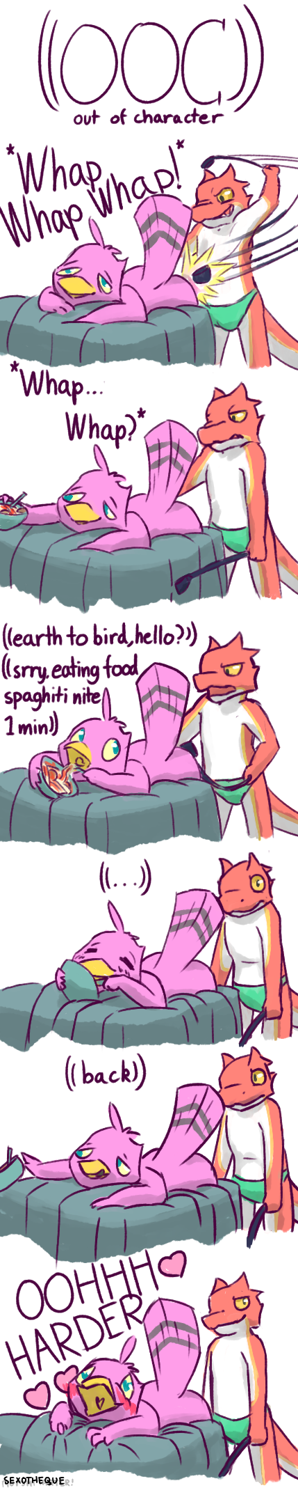 ! ... 2018 ? anthro avian beak bird clothing duo eating english_text feathers food funny furry furry_only green_eyes heart hi_res humor lizard male meme nude open_mouth pasta purple_feathers reptile riding_crop roleplay scalie sexotheque simple_background sound_effects spaghetti text underwear whip white_background yaoi yellow_sclera