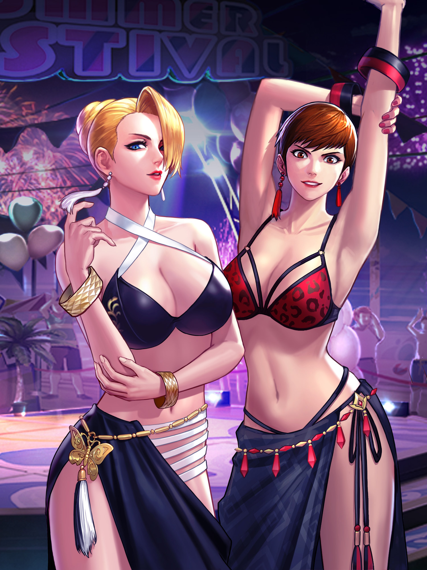 2girls, beach, belly dancer, belly dancer outfit, big breasts, bikini, blonde hair, blue eyes, breasts, brown eyes, brown hair, busty, busty female, curvy, curvy female, dark skin, dark-skinned female, dress, earrings, female, female focus, festival, hair bun, hands up, harem, harem girl, harem outfit, huge breasts, king of fighters, king of fighters all stars, large breasts, light skin, light-skinned female, long hair, looking at viewer, mature (kof), netmarble, outdoors, pale skin, panties, public, short hair, skirt, smile, smiley face, smiling at viewer, snk, standing, summer, tan, tan body, tan skin, thick thighs, thighs, vice (kof), voluptuous, wide hips