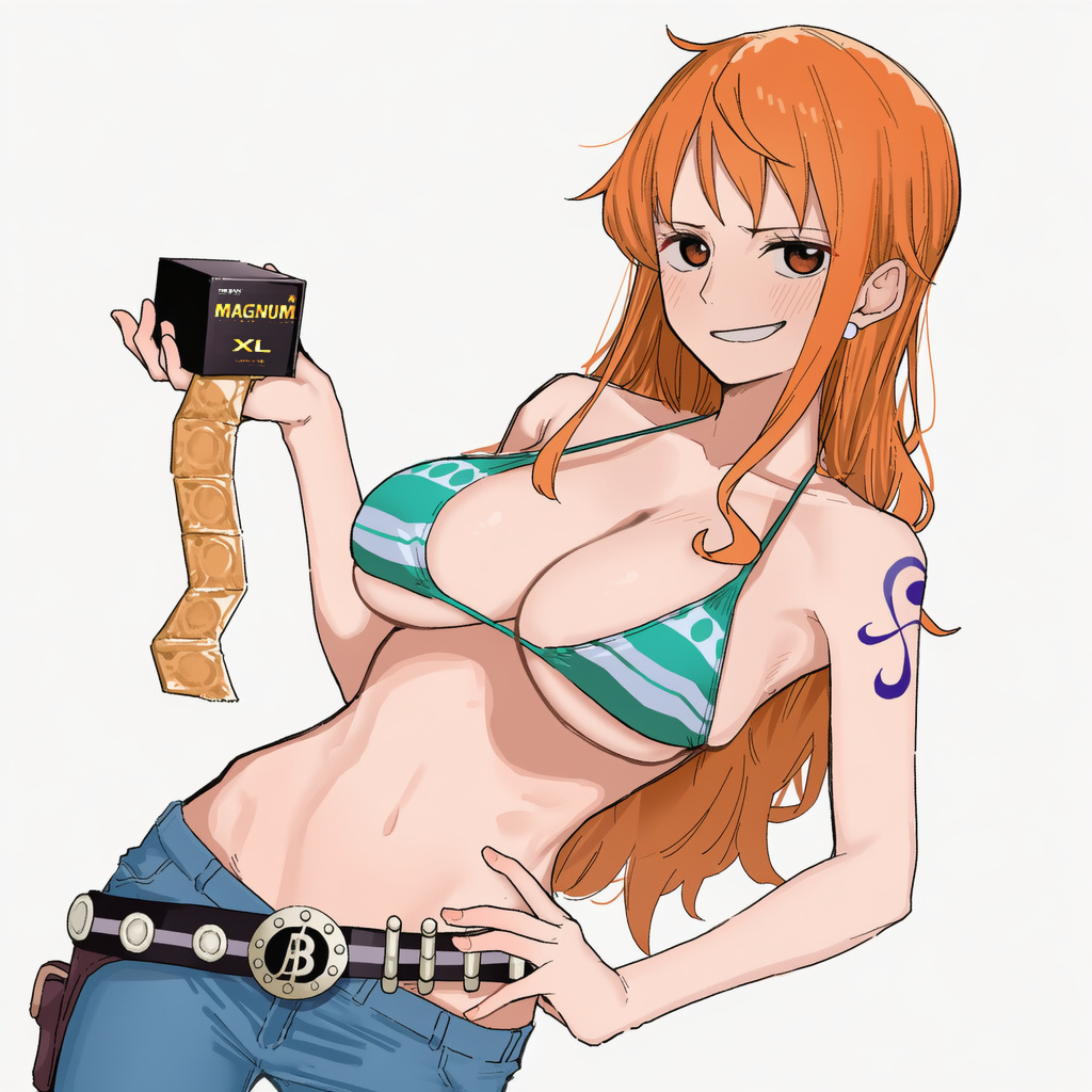 1girls, ai generated, arm tattoo, bikini top, blue tattoo, condom box, condom packet strip, female, female only, nami (one piece), one piece, orange hair, orange-haired female, pearl earrings, sha (ai generator), tagme, tattoo